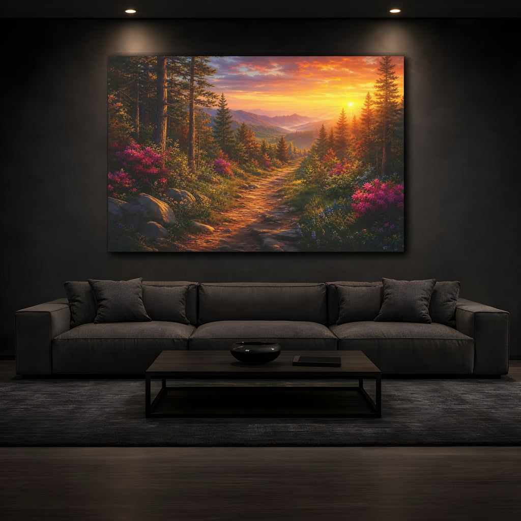 Mockup 3. Nature Forest Path Orange Forest Path shown as stretched canvas wall art