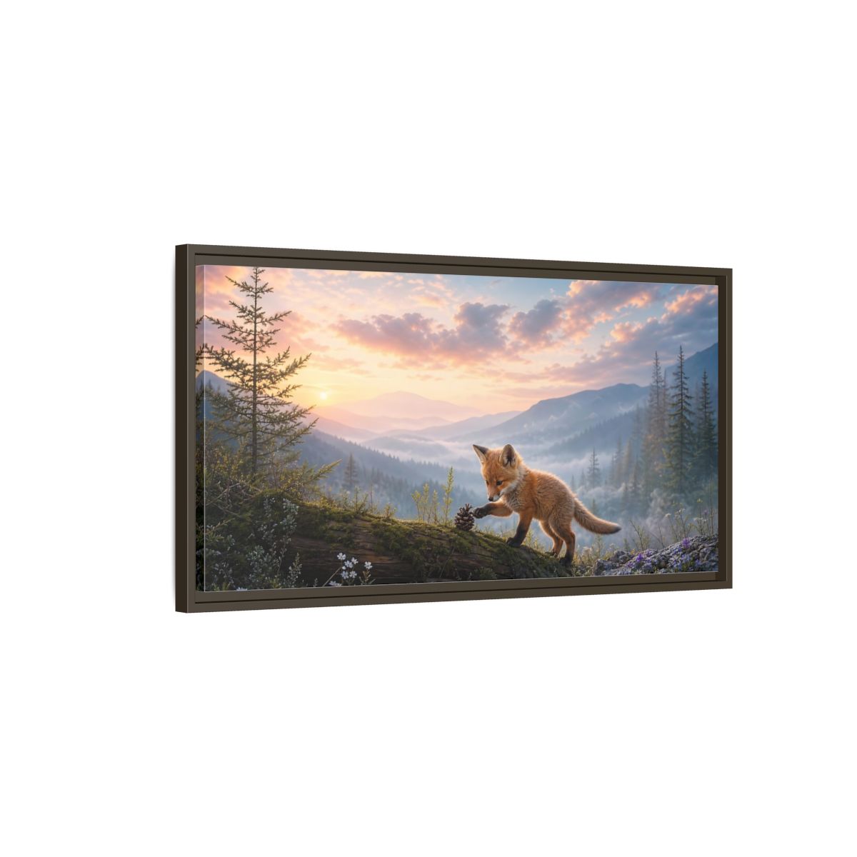 Main Mockup. Nature Fox Kit Fox Mountain Sunset shown as stretched canvas wall art