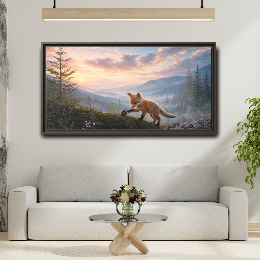 Mockup 2. Nature Fox Kit Fox Mountain Sunset shown as stretched canvas wall art