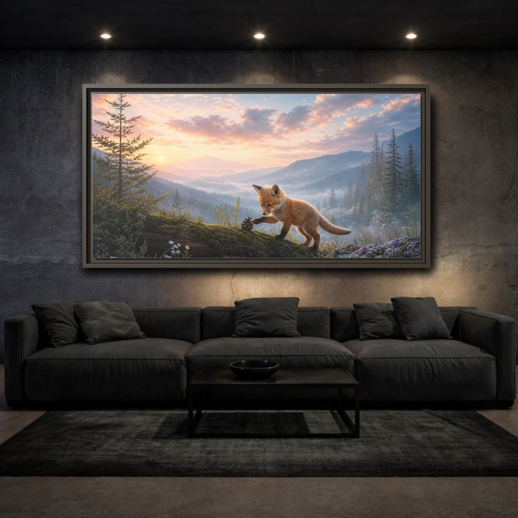 Mockup 3. Nature Fox Kit Fox Mountain Sunset shown as stretched canvas wall art