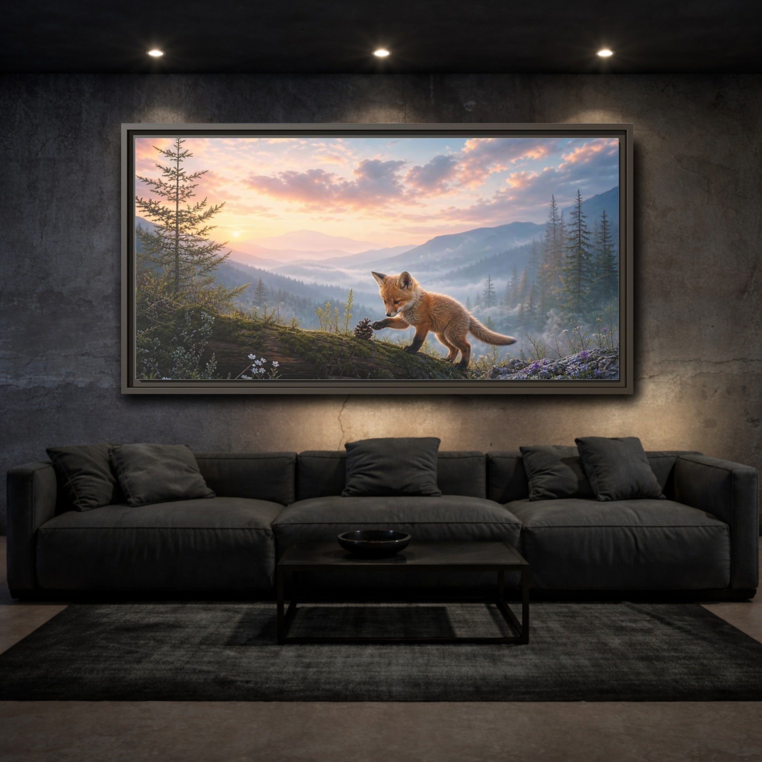 Mockup 3. Nature Fox Kit Fox Mountain Sunset shown as stretched canvas wall art
