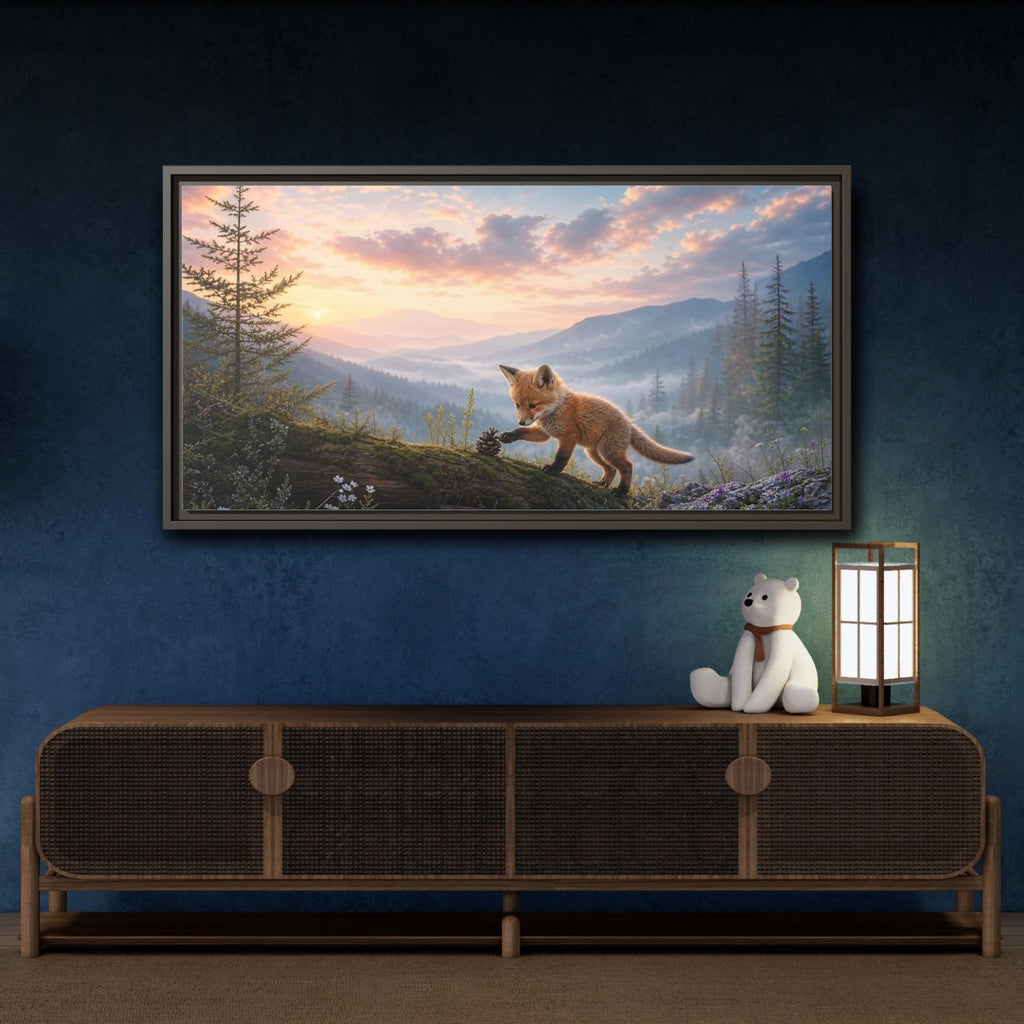 Mockup 4. Nature Fox Kit Fox Mountain Sunset shown as stretched canvas wall art