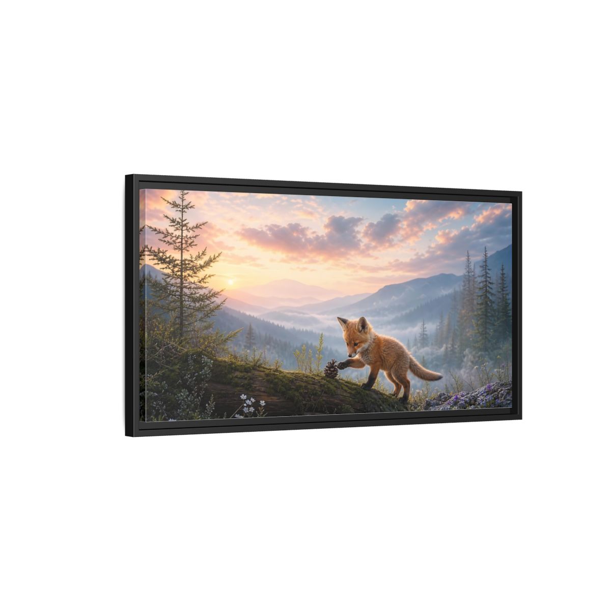 Side Mockup 2. Nature Fox Kit Fox Mountain Sunset shown as stretched canvas wall art