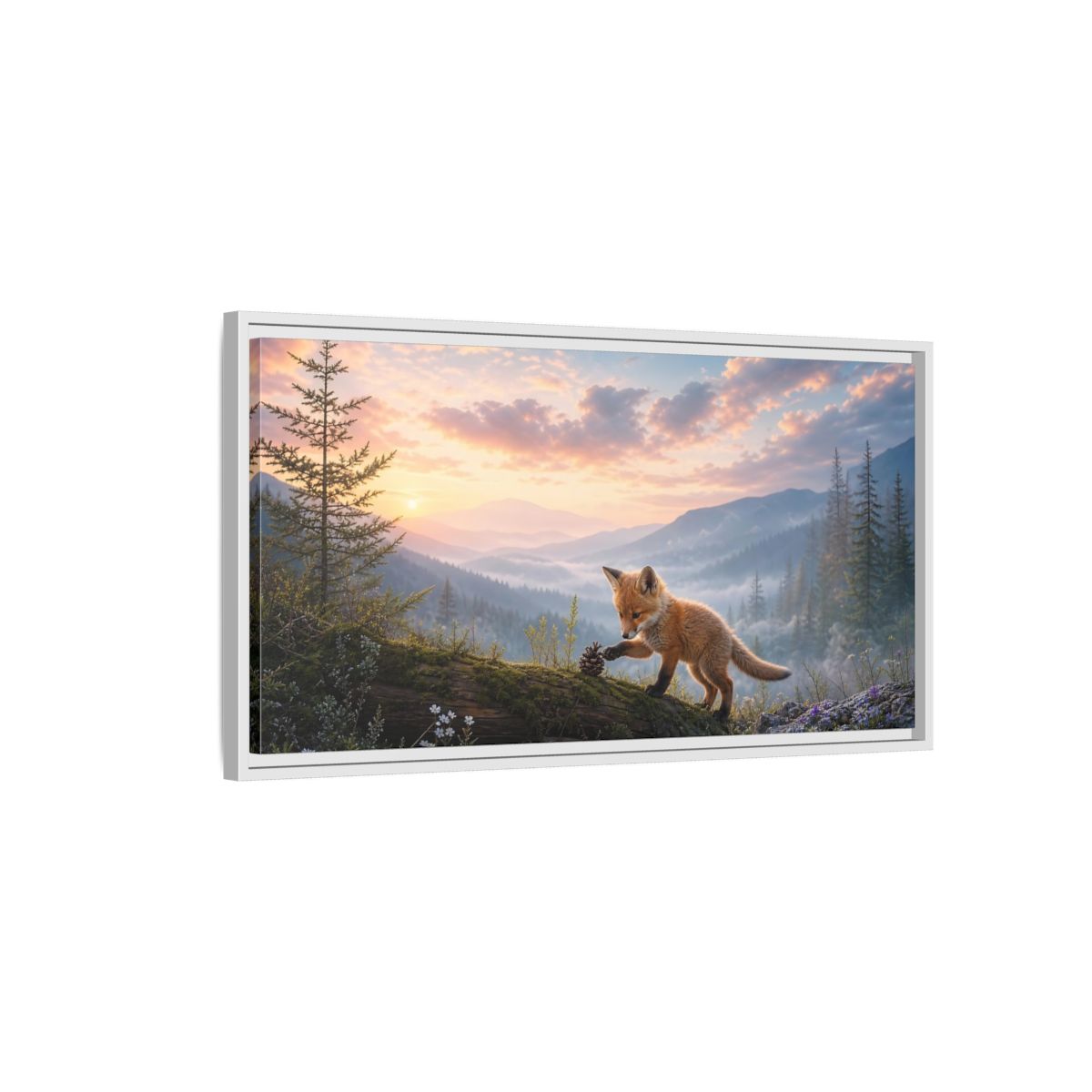 Side Mockup 1. Nature Fox Kit Fox Mountain Sunset shown as stretched canvas wall art