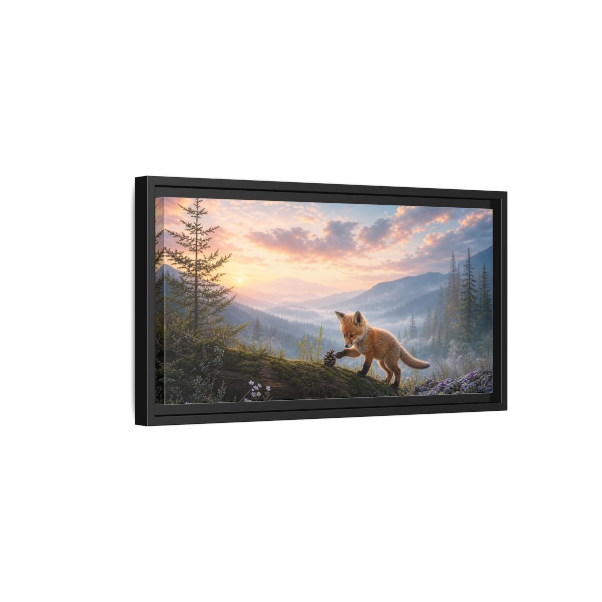 Side Mockup 8. Nature Fox Kit Fox Mountain Sunset shown as stretched canvas wall art