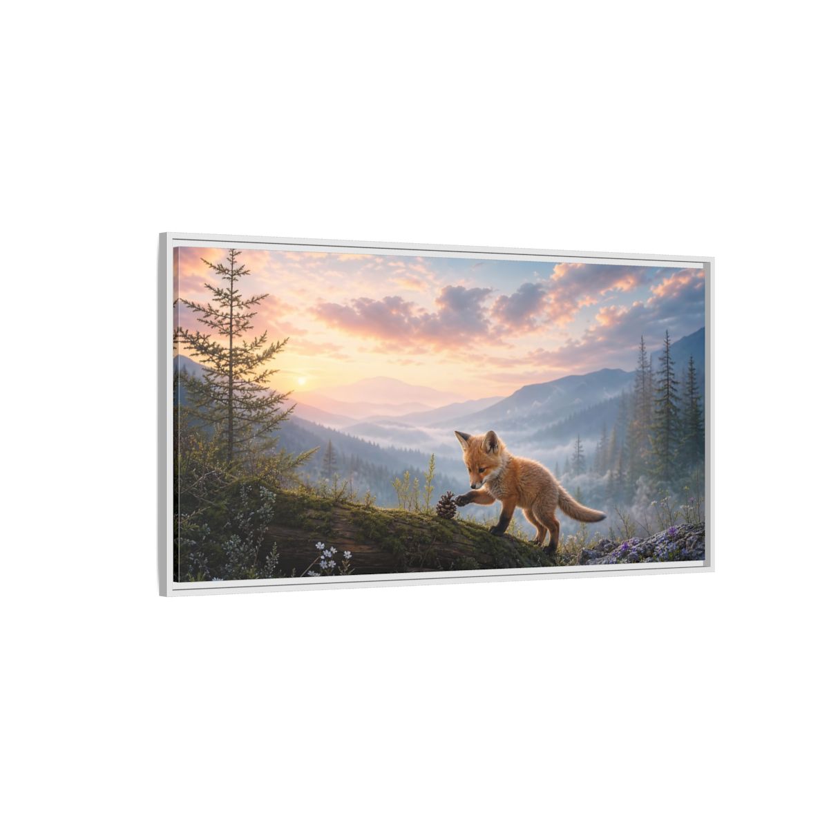 Side Mockup 3. Nature Fox Kit Fox Mountain Sunset shown as stretched canvas wall art