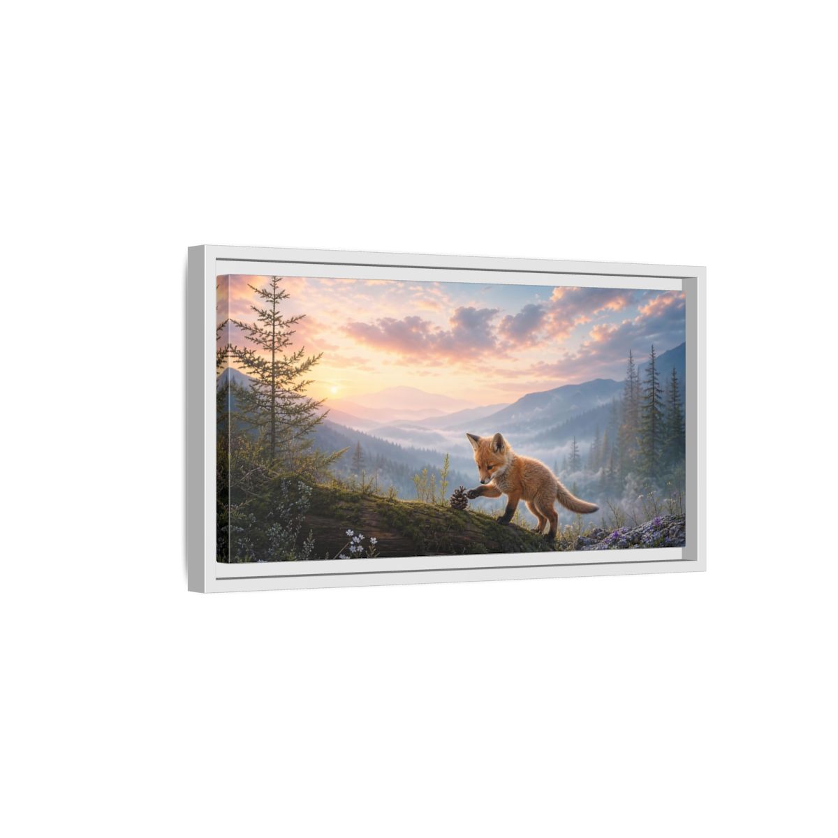 Side Mockup 6. Nature Fox Kit Fox Mountain Sunset shown as stretched canvas wall art