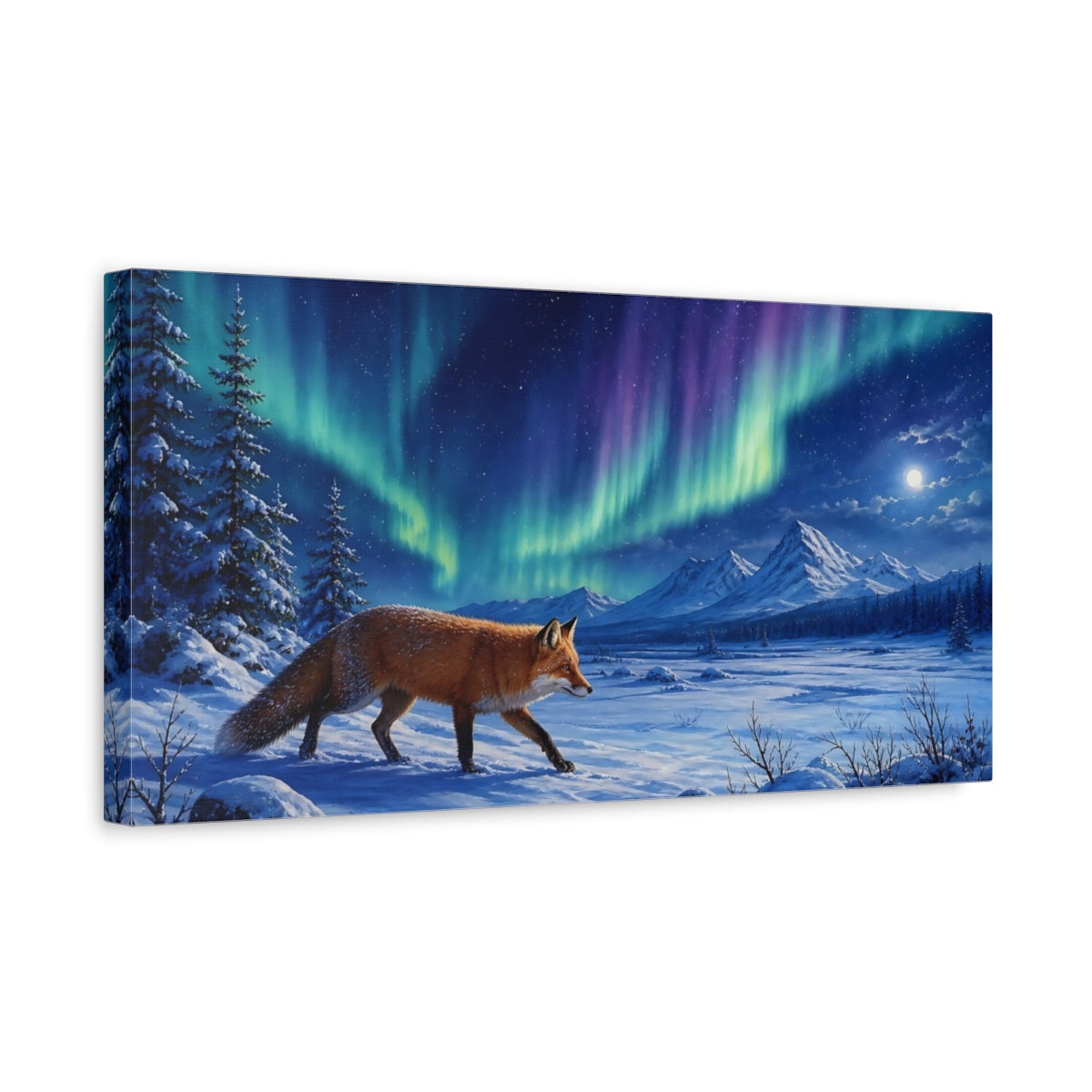 Side Mockup 3. Nature Fox Winter Fox Aurora shown as stretched canvas wall art