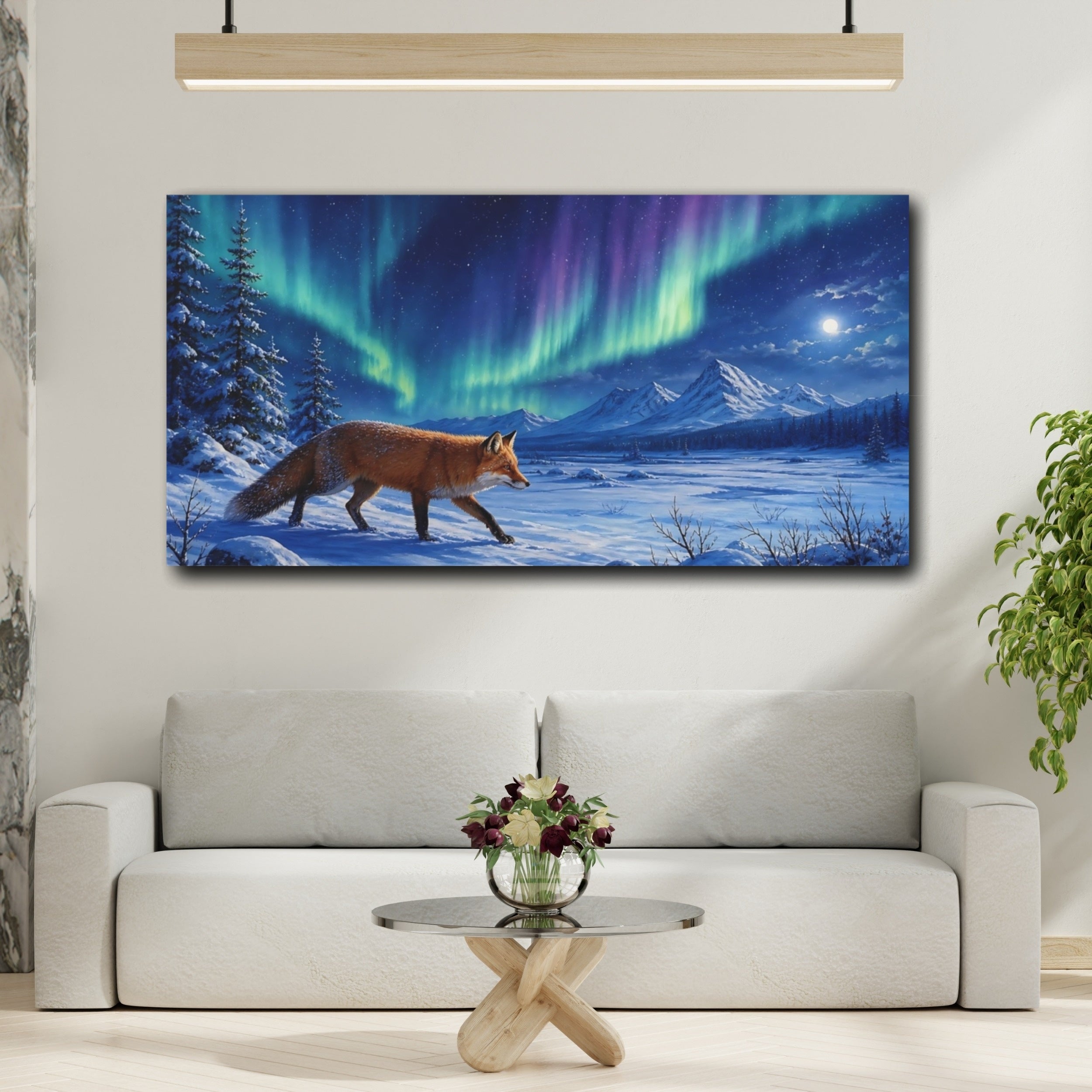 Mockup 2. Nature Fox Winter Fox Aurora shown as stretched canvas wall art