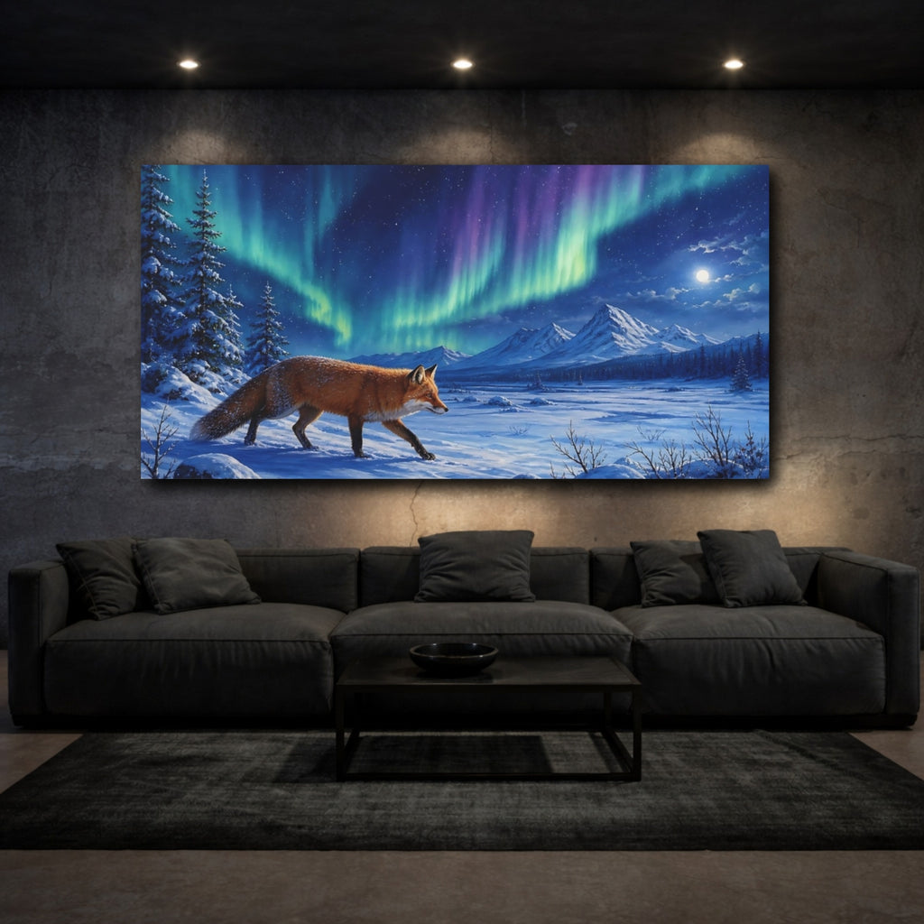 Mockup 3. Nature Fox Winter Fox Aurora shown as stretched canvas wall art