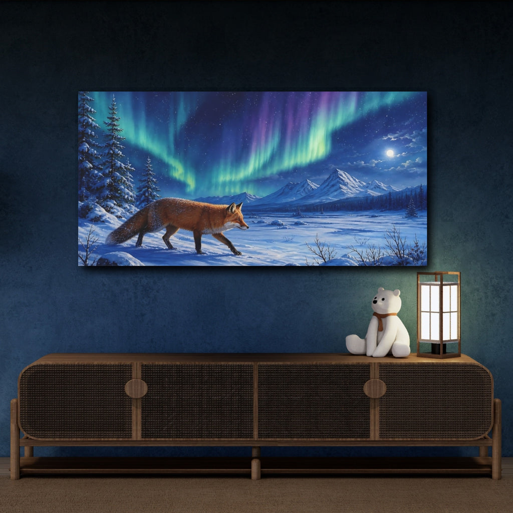 Mockup 4. Nature Fox Winter Fox Aurora shown as stretched canvas wall art