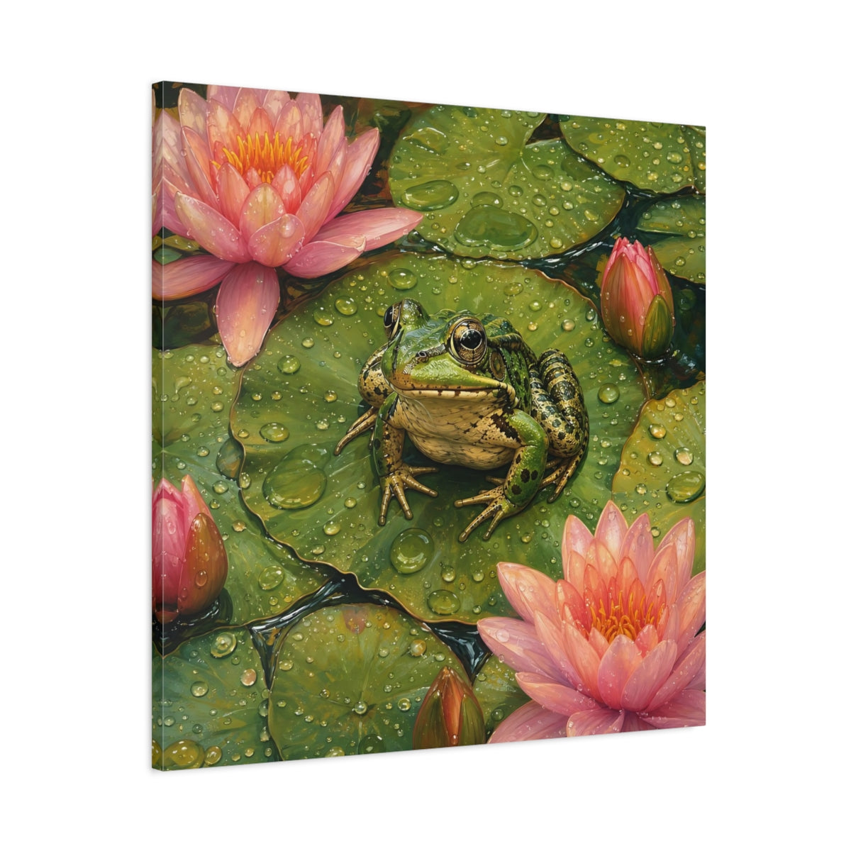 Main Mockup. Nature Frog Green And Pink shown as stretched canvas wall art