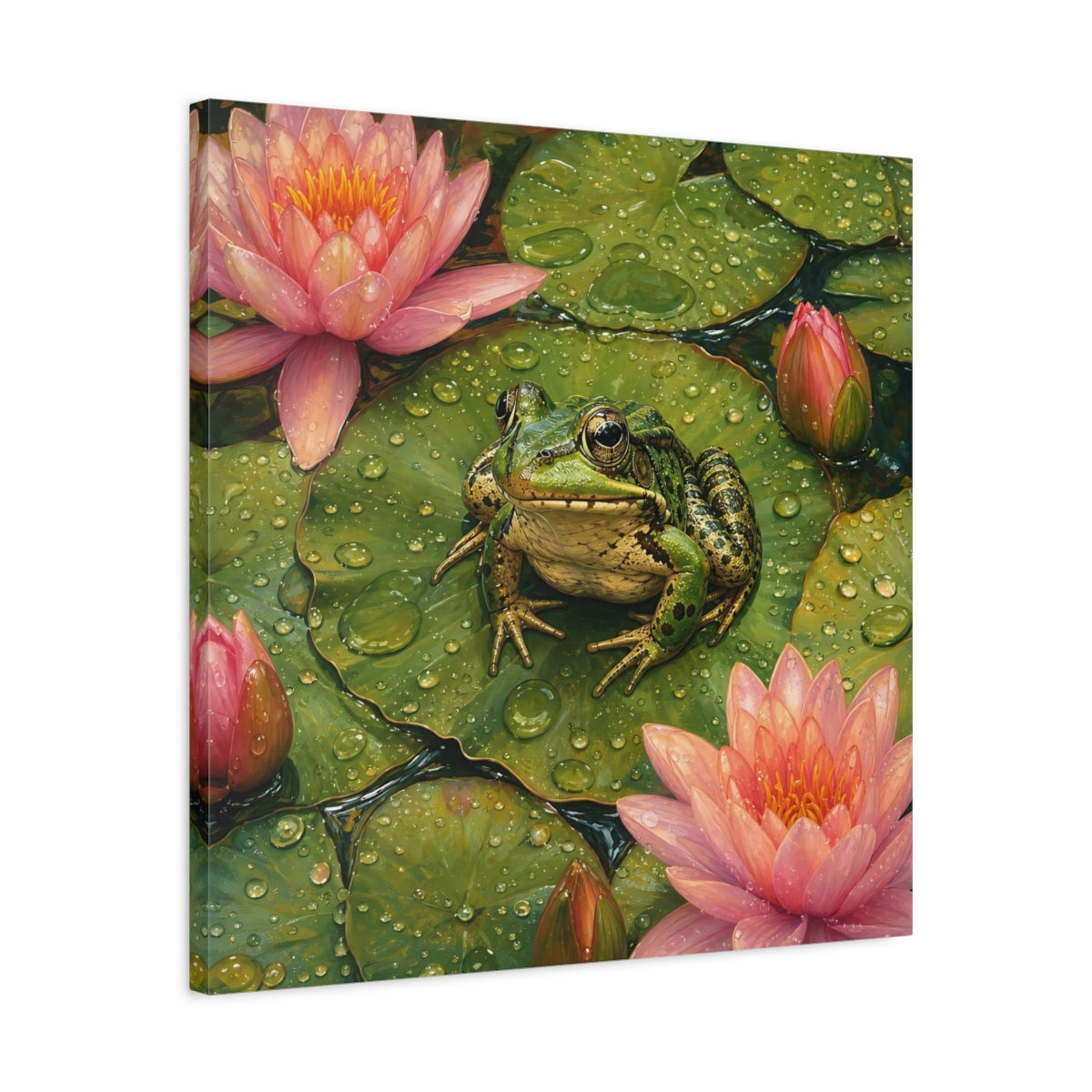 Side Mockup 4. Nature Frog Green And Pink shown as stretched canvas wall art