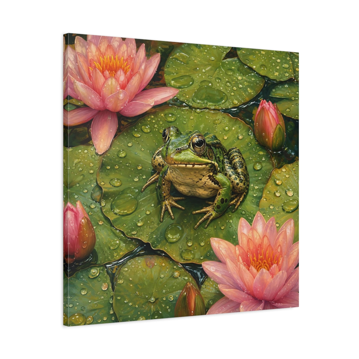 Side Mockup 3. Nature Frog Green And Pink shown as stretched canvas wall art
