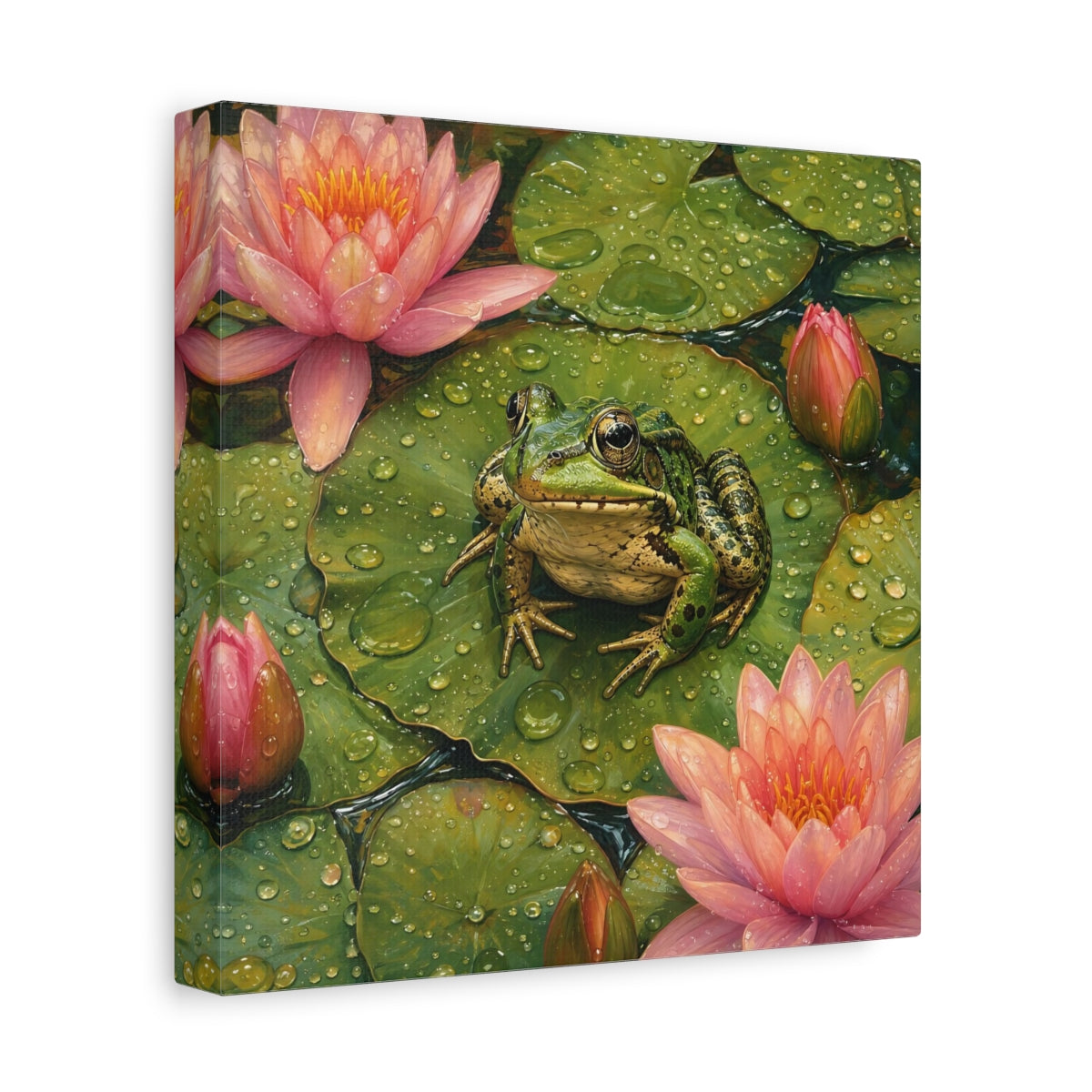 Side Mockup 9. Nature Frog Green And Pink shown as stretched canvas wall art