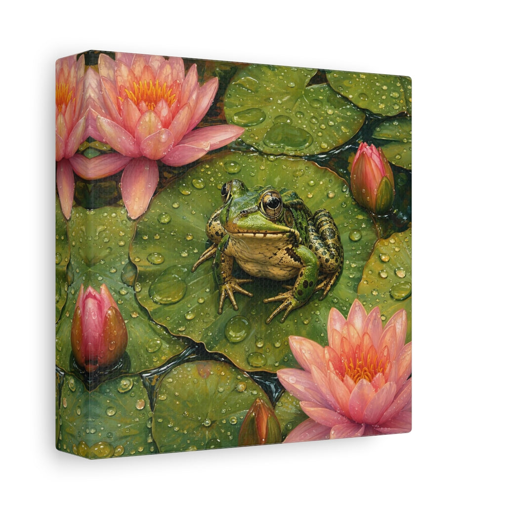 Side Mockup 2. Nature Frog Green And Pink shown as stretched canvas wall art