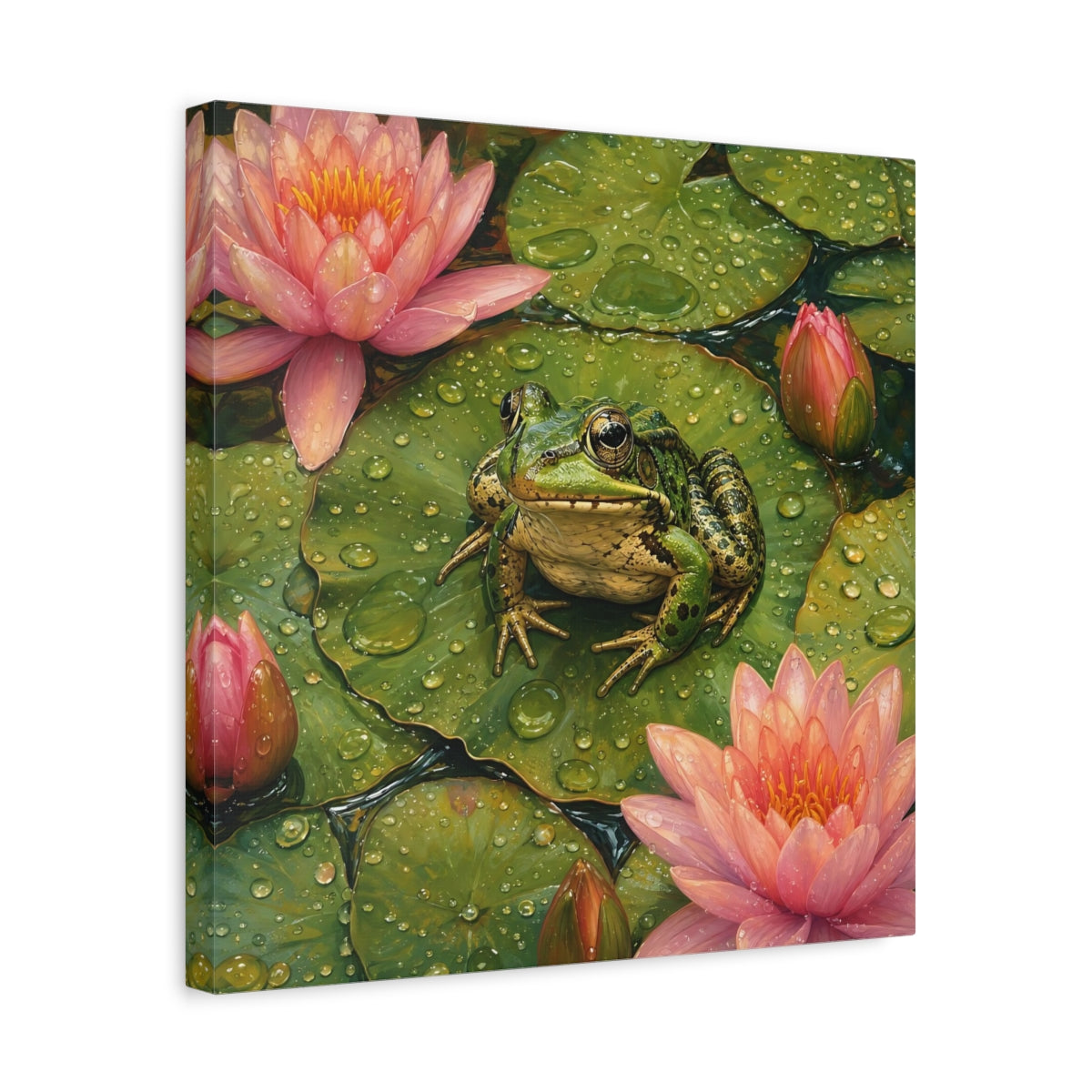 Side Mockup 6. Nature Frog Green And Pink shown as stretched canvas wall art