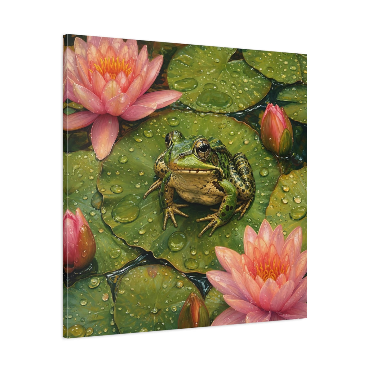 Side Mockup 1. Nature Frog Green And Pink shown as stretched canvas wall art