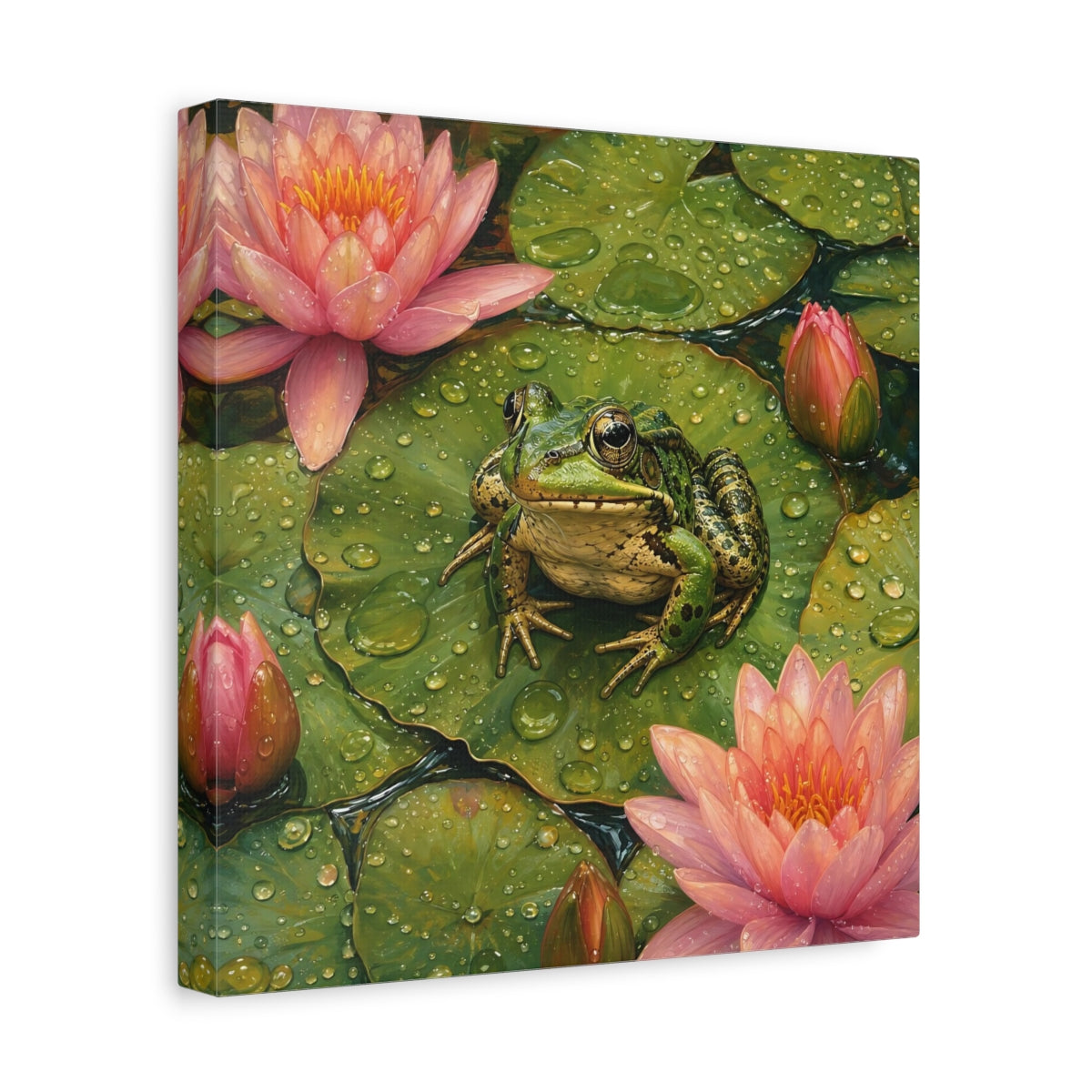 Side Mockup 8. Nature Frog Green And Pink shown as stretched canvas wall art