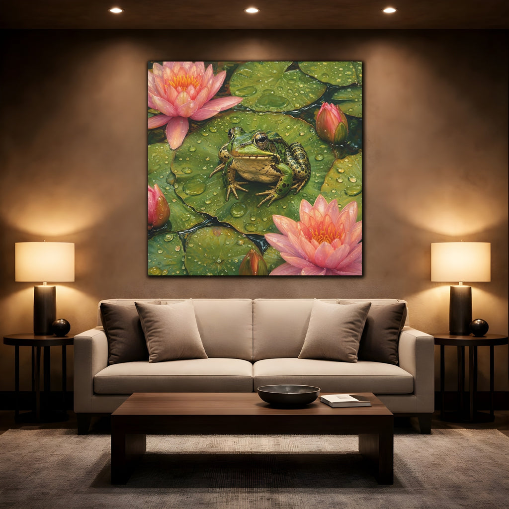 Mockup 2. Nature Frog Green And Pink shown as stretched canvas wall art