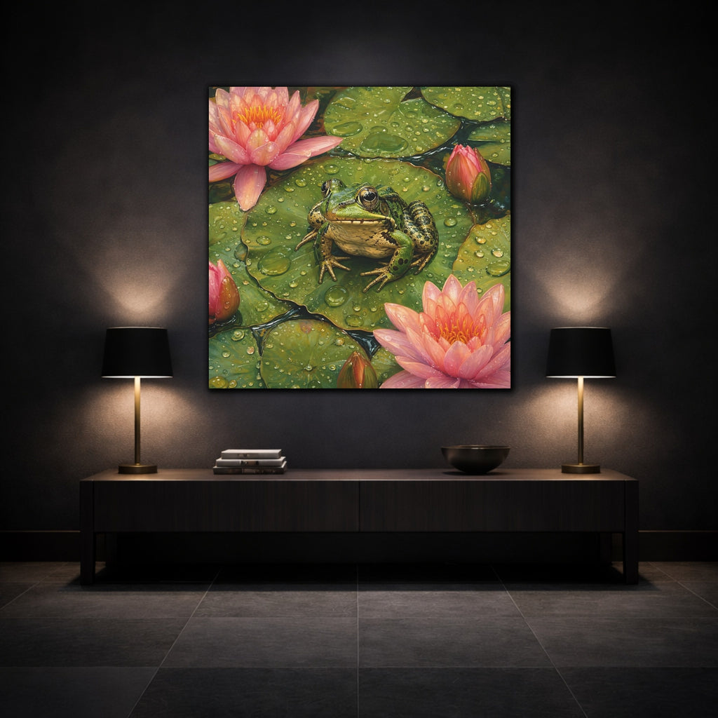 Mockup 3. Nature Frog Green And Pink shown as stretched canvas wall art