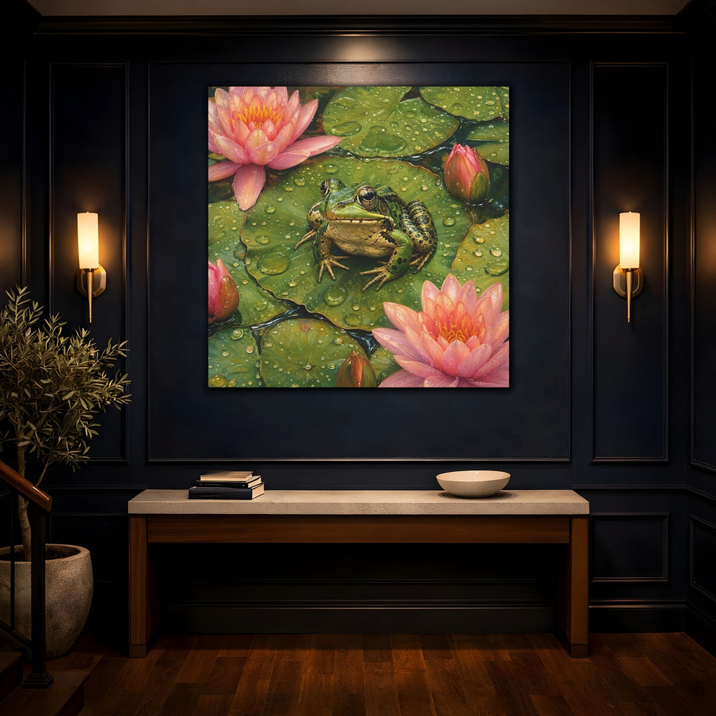 Mockup 4. Nature Frog Green And Pink shown as stretched canvas wall art
