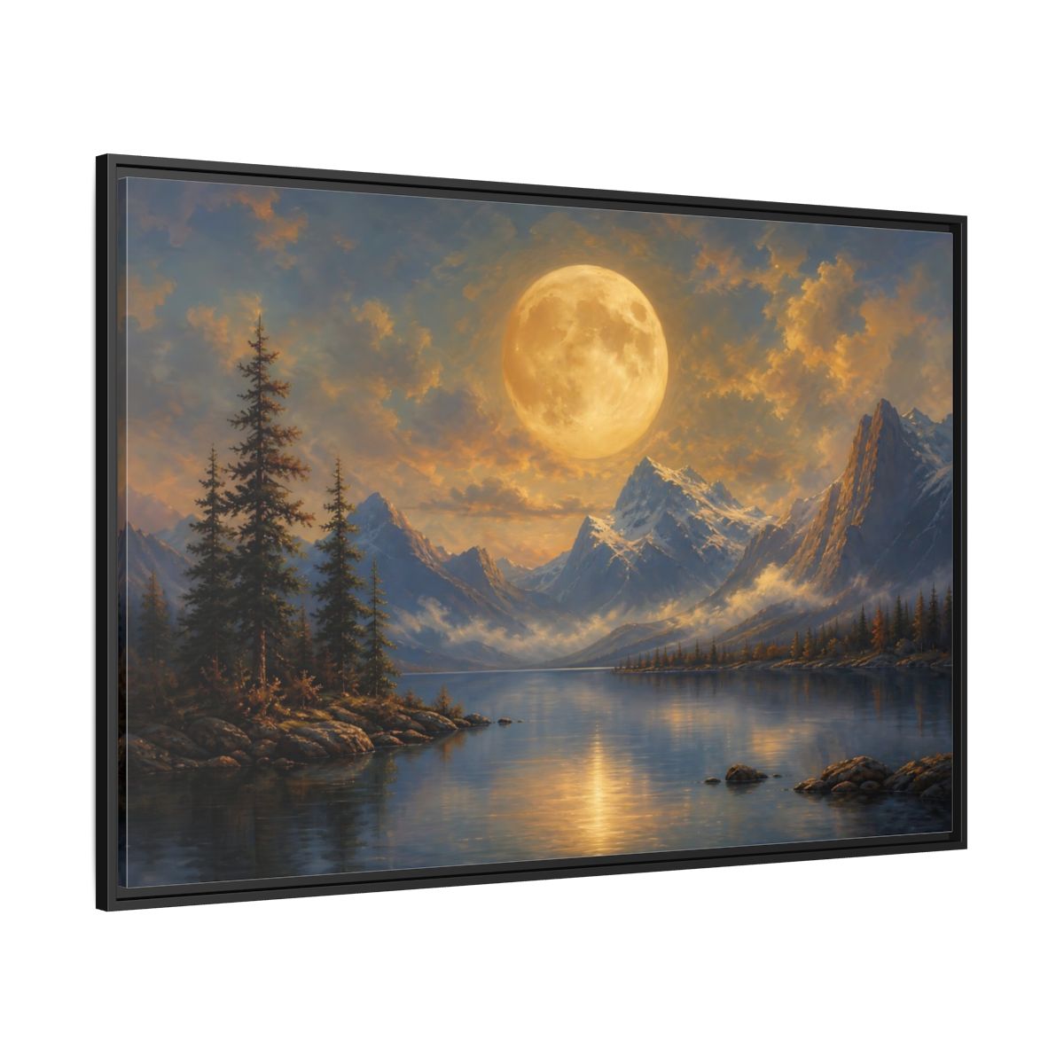 Side Mockup 12. Nature Full Moon Golden Moon Lake shown as stretched canvas wall art