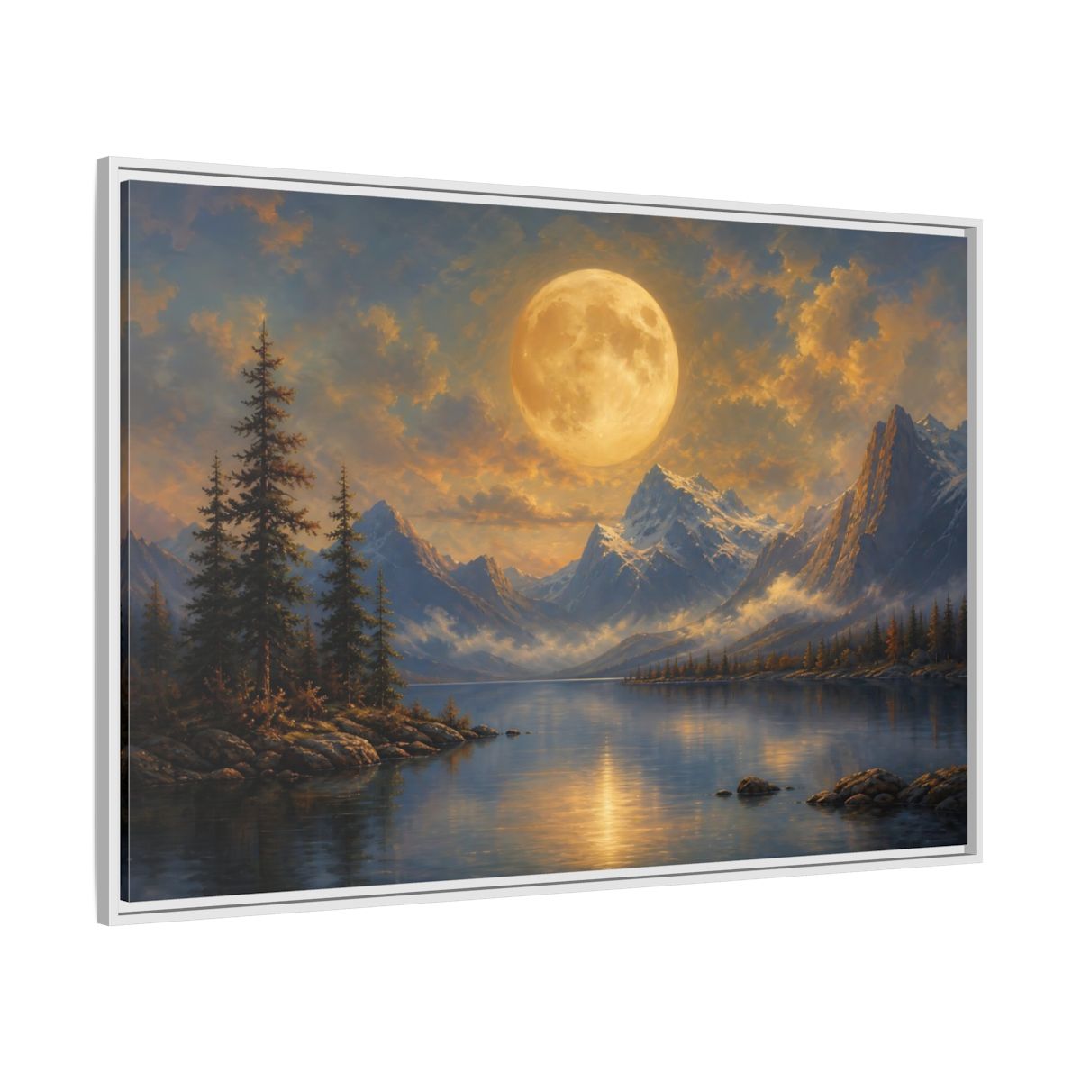 Side Mockup 7. Nature Full Moon Golden Moon Lake shown as stretched canvas wall art