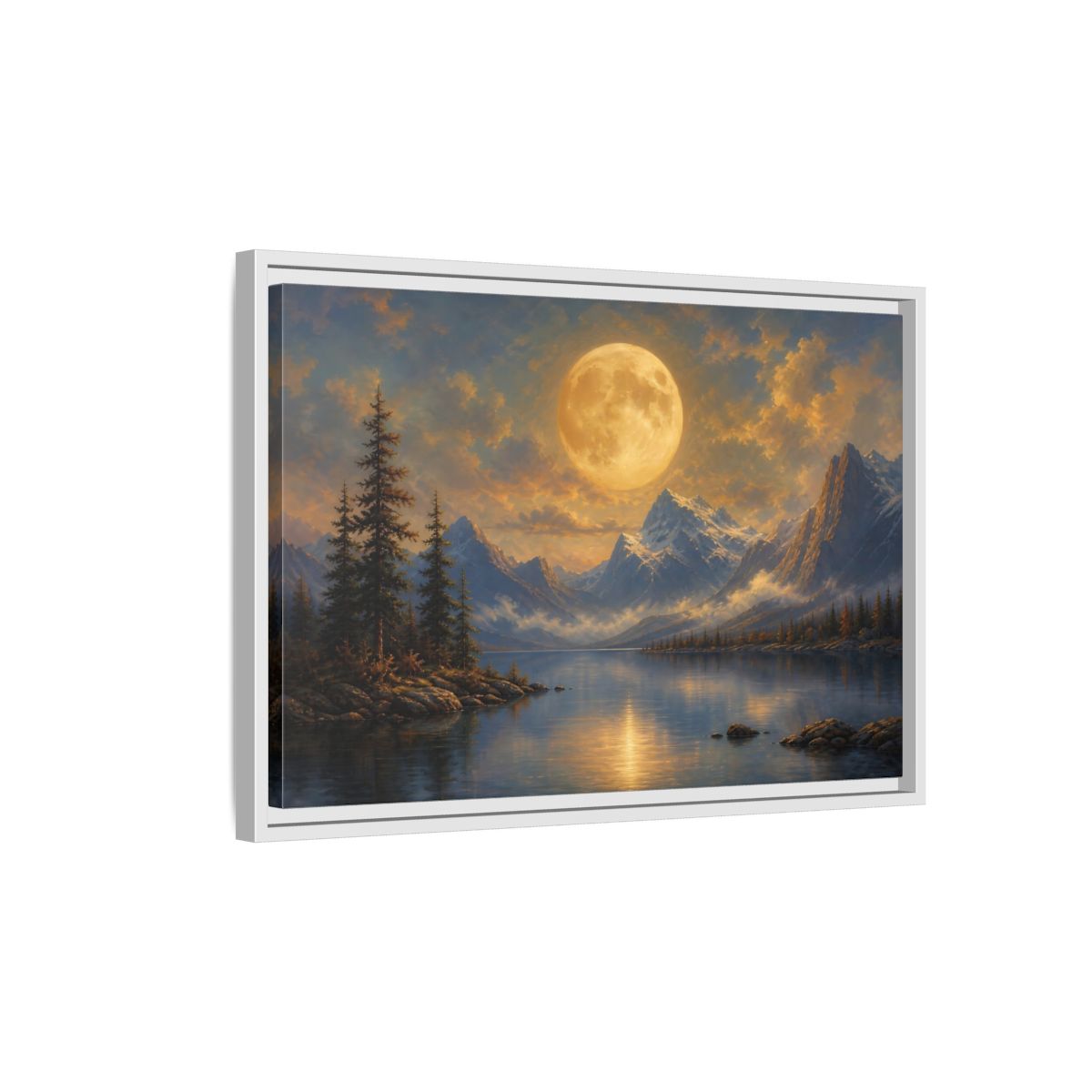 Side Mockup 1. Nature Full Moon Golden Moon Lake shown as stretched canvas wall art