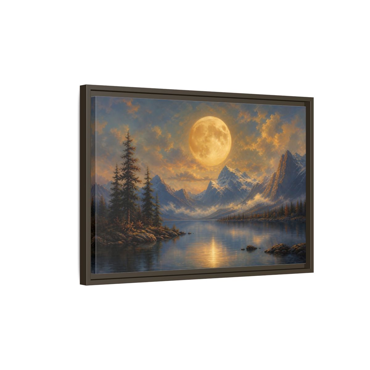 Side Mockup 2. Nature Full Moon Golden Moon Lake shown as stretched canvas wall art