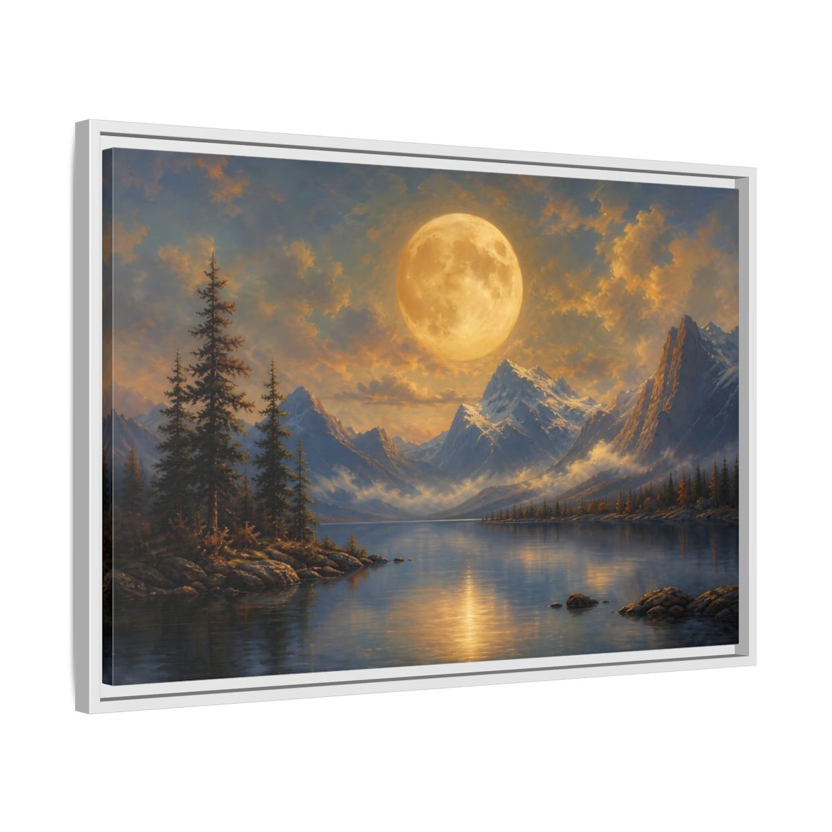 Side Mockup 10. Nature Full Moon Golden Moon Lake shown as stretched canvas wall art