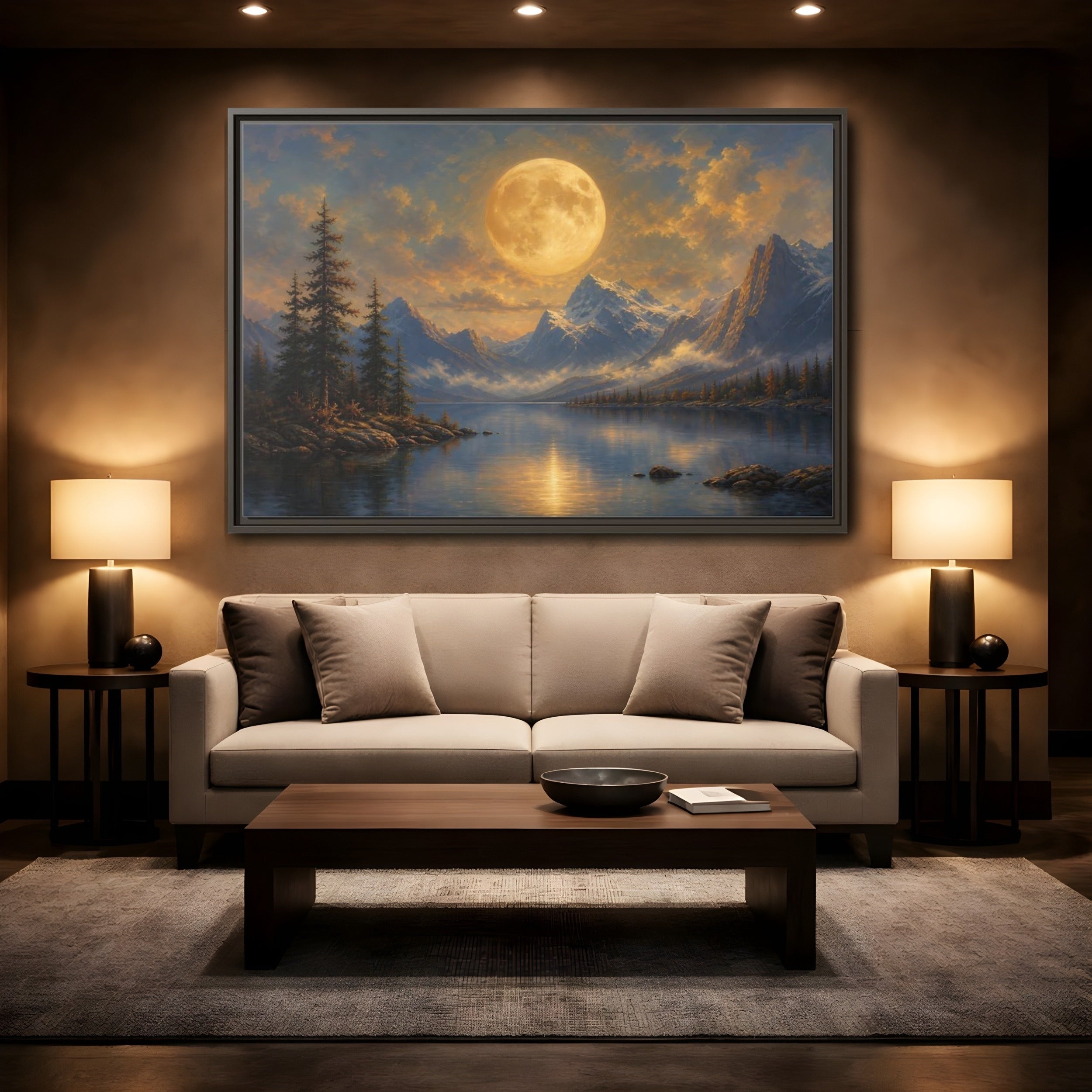 Mockup 2. Nature Full Moon Golden Moon Lake shown as stretched canvas wall art