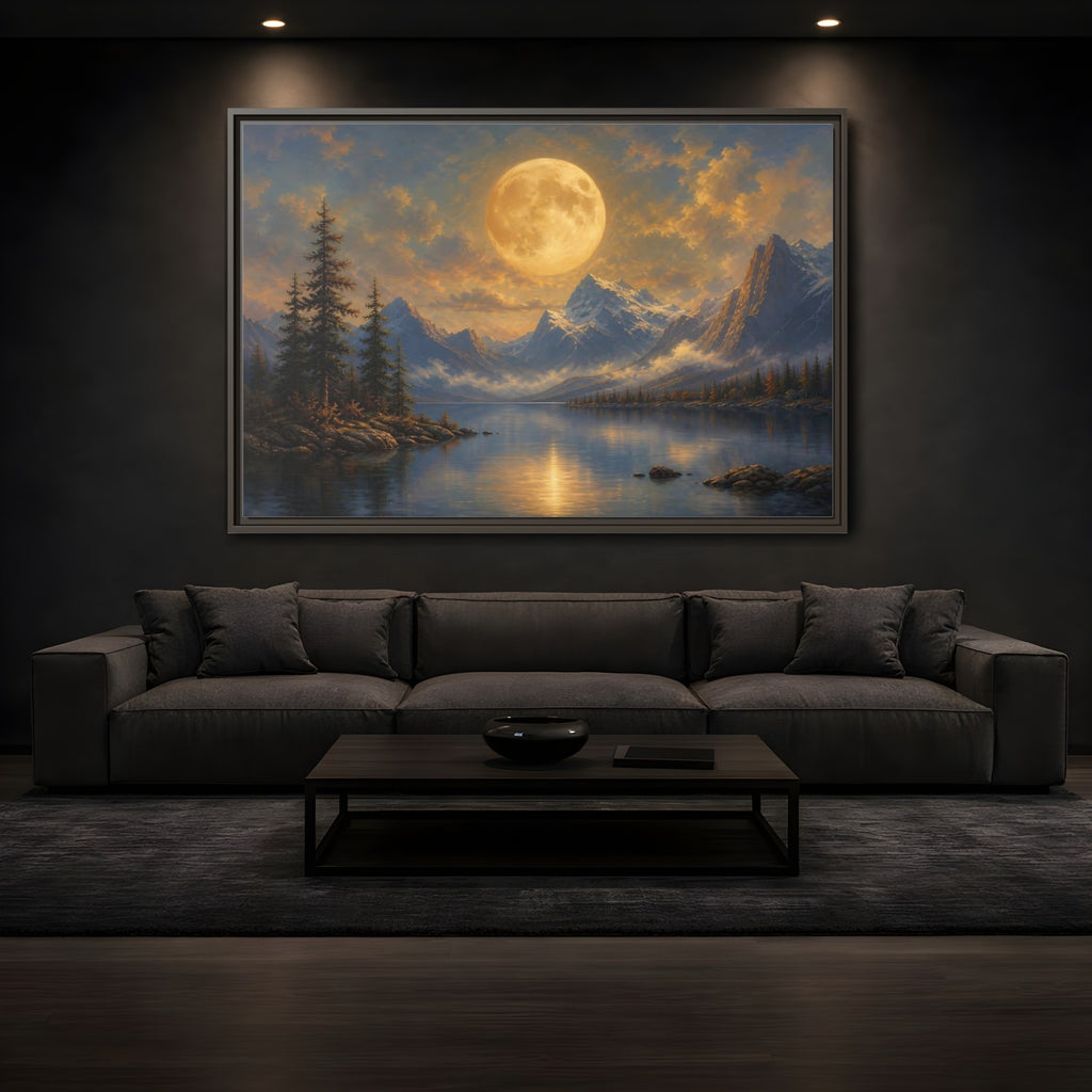 Mockup 3. Nature Full Moon Golden Moon Lake shown as stretched canvas wall art