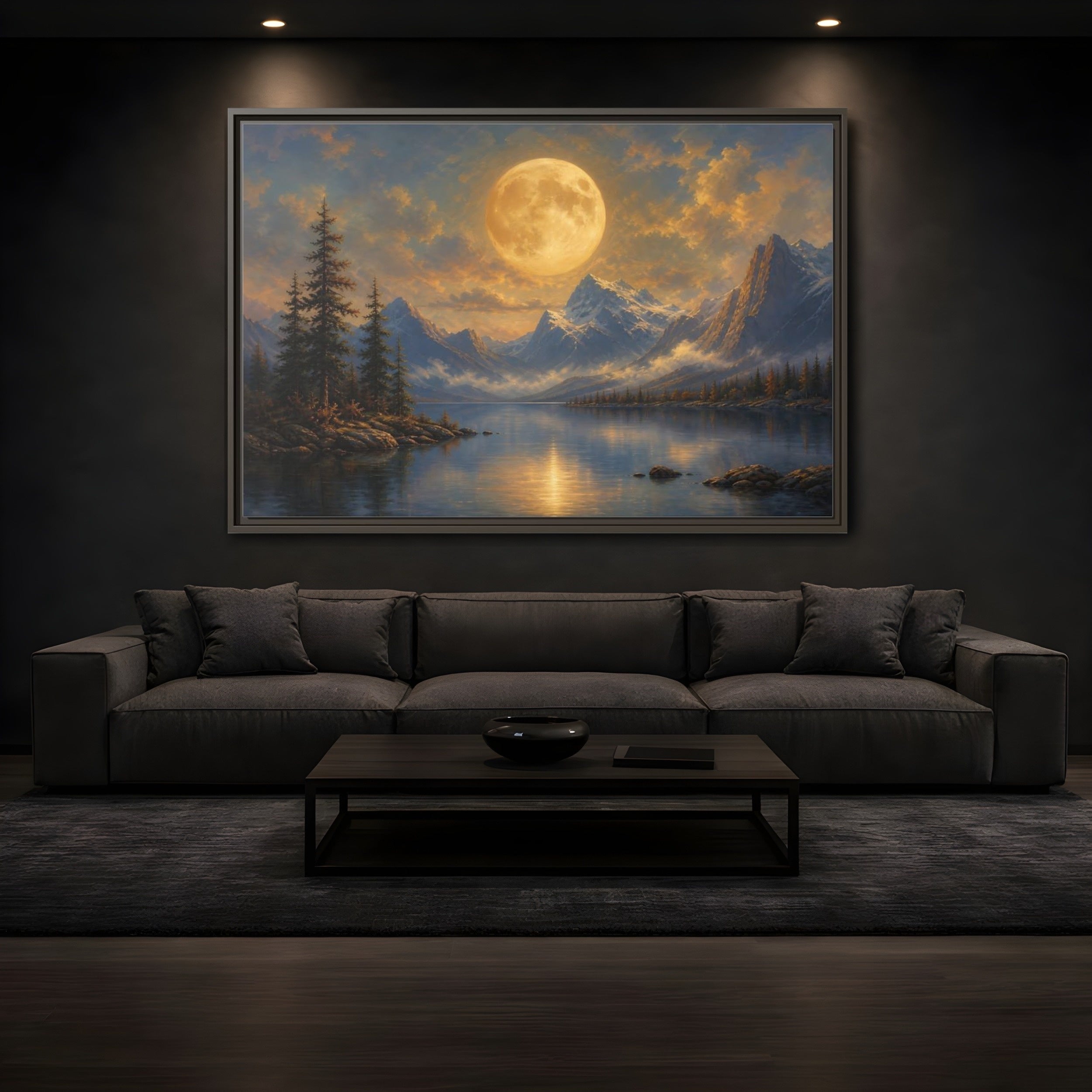 Mockup 3. Nature Full Moon Golden Moon Lake shown as stretched canvas wall art