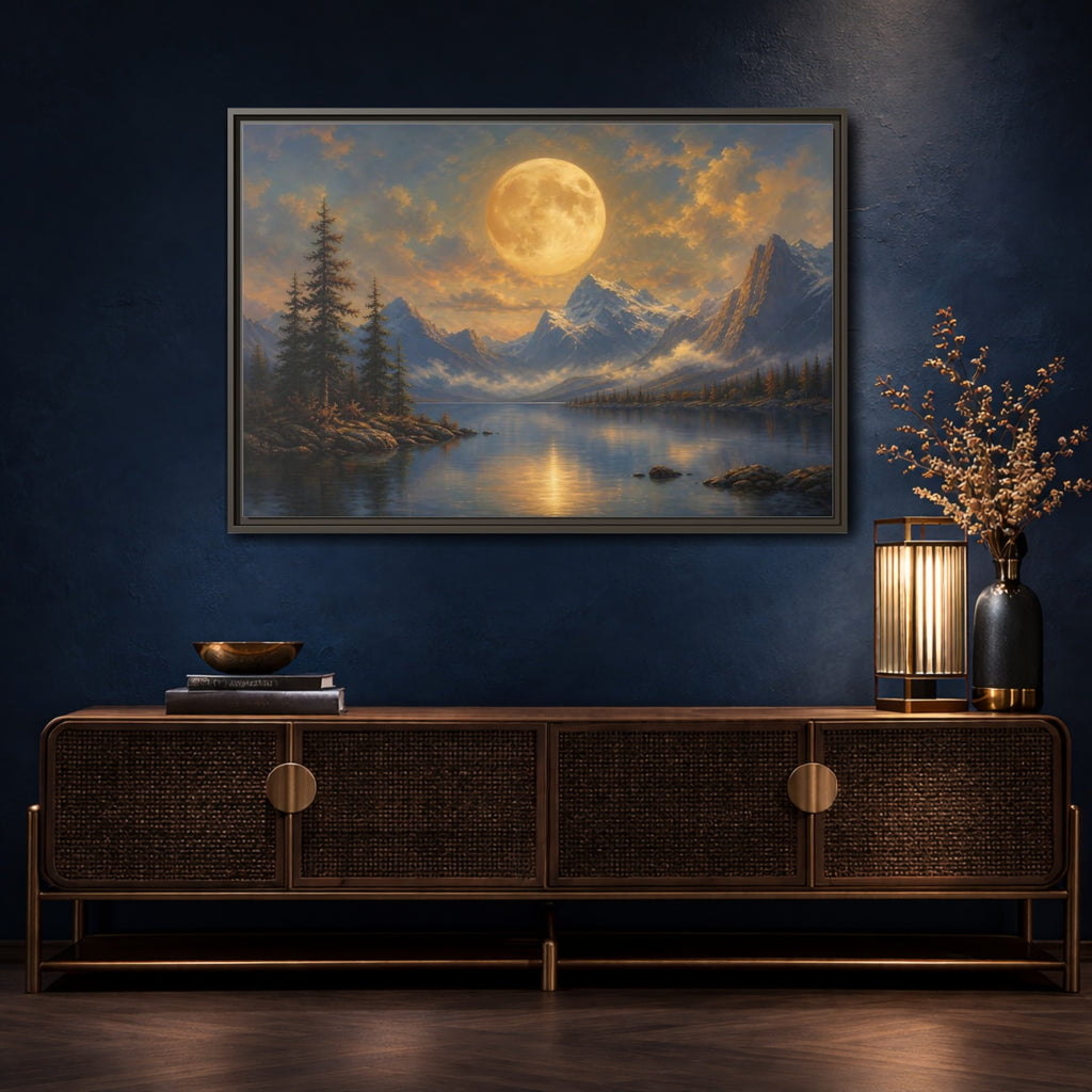 Mockup 4. Nature Full Moon Golden Moon Lake shown as stretched canvas wall art