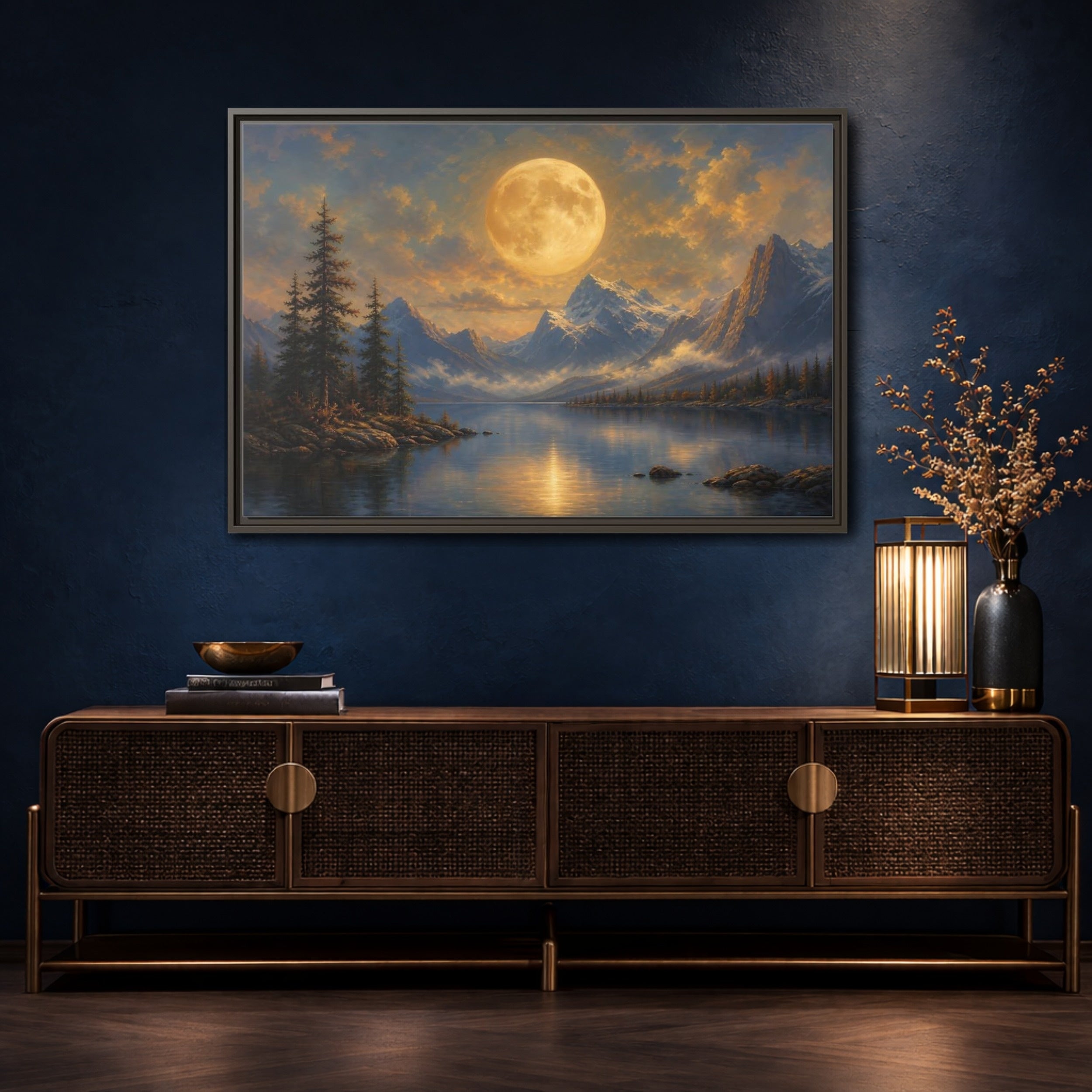 Mockup 4. Nature Full Moon Golden Moon Lake shown as stretched canvas wall art