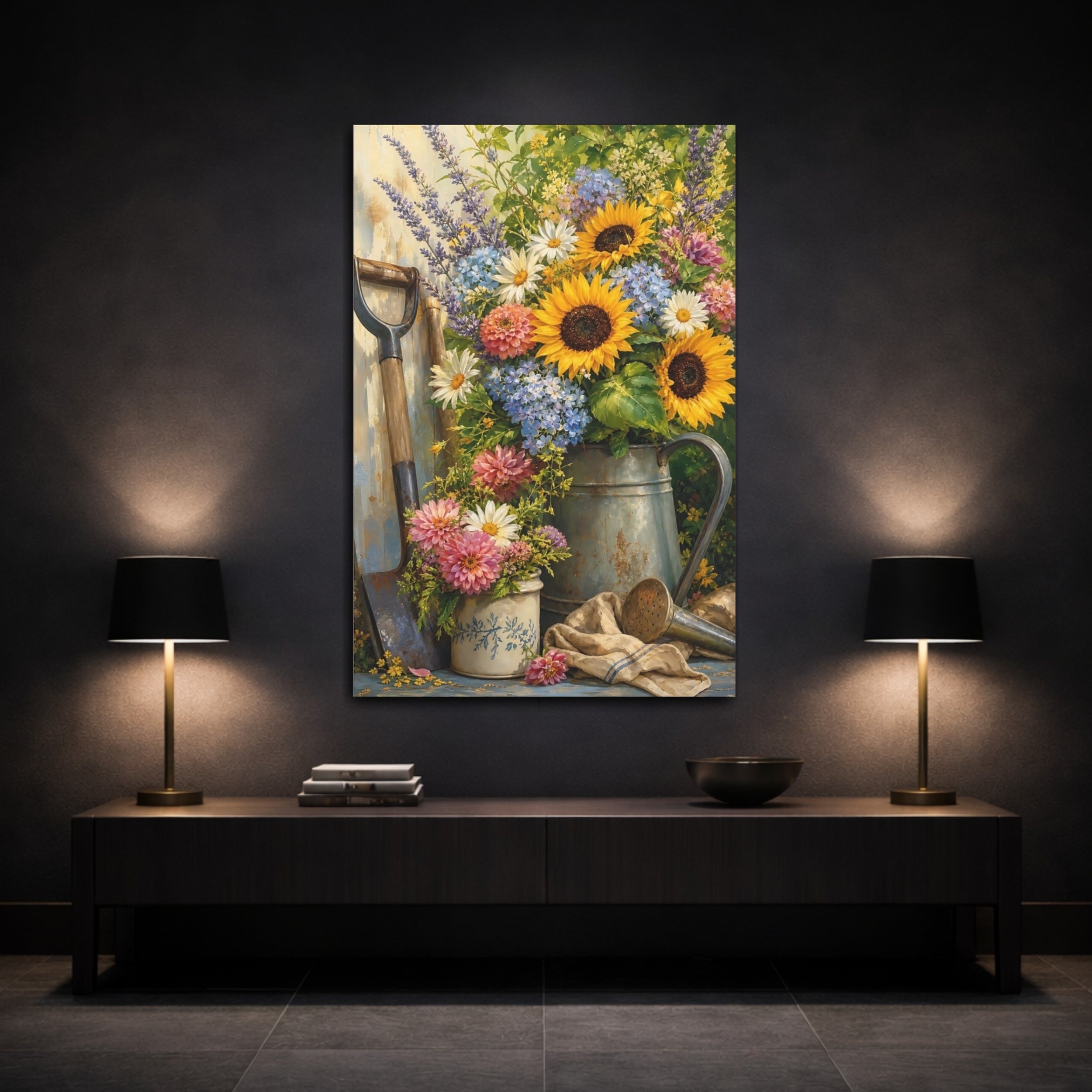 Mockup 3. Nature Garden Flowers Colorful Garden shown as stretched canvas wall art