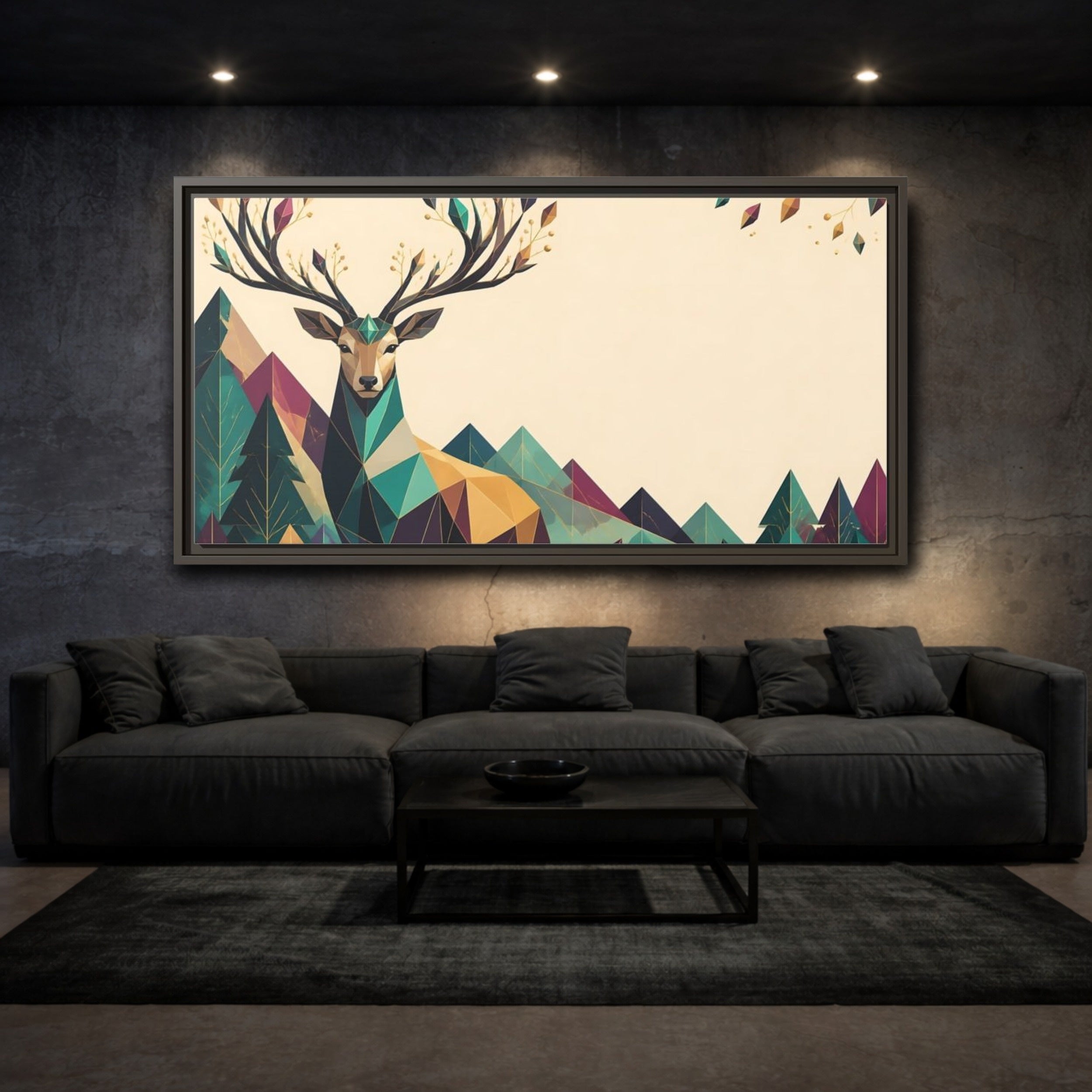 Mockup 3. Nature Geometric Deer Geometric Deer Landscape shown as stretched canvas wall art