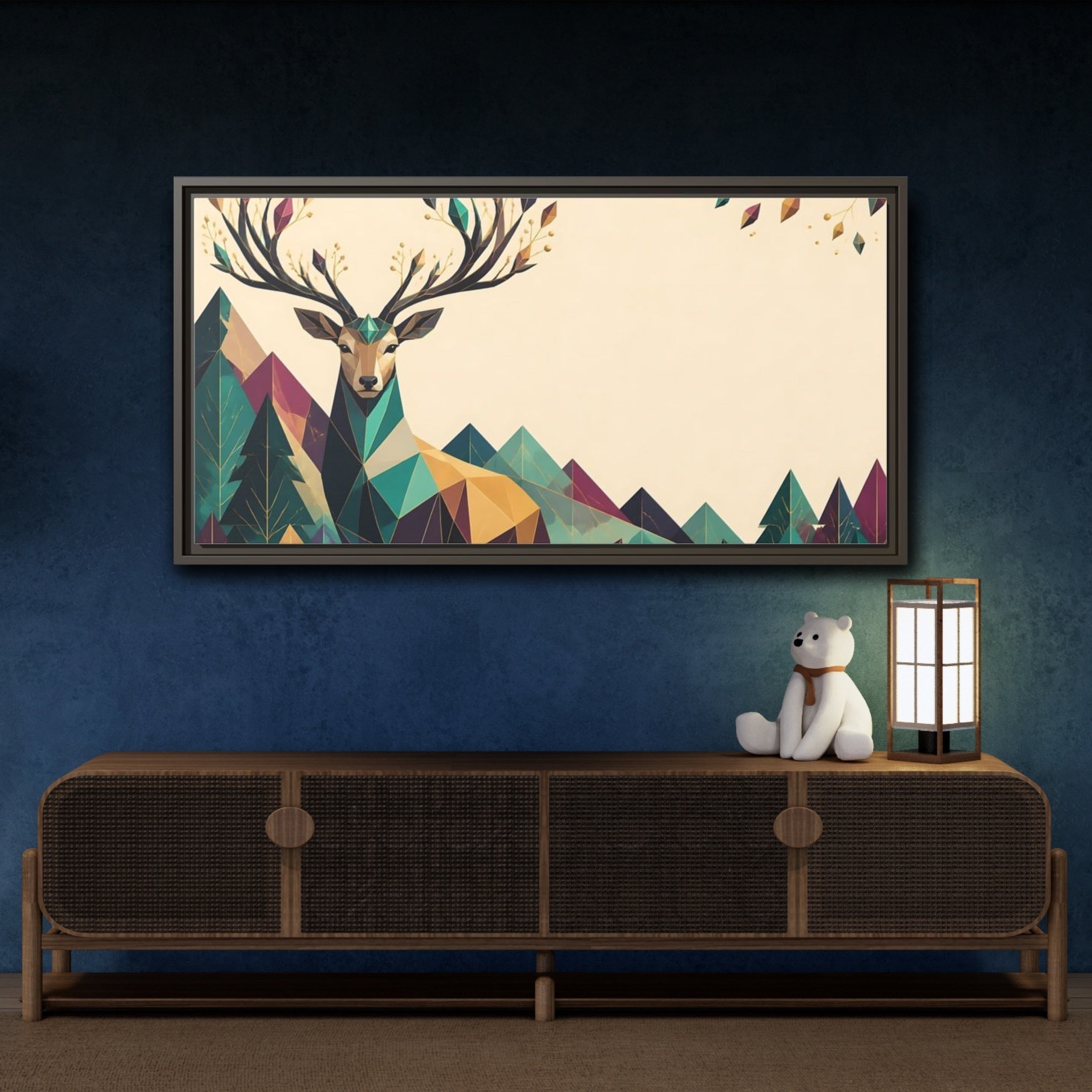 Mockup 4. Nature Geometric Deer Geometric Deer Landscape shown as stretched canvas wall art