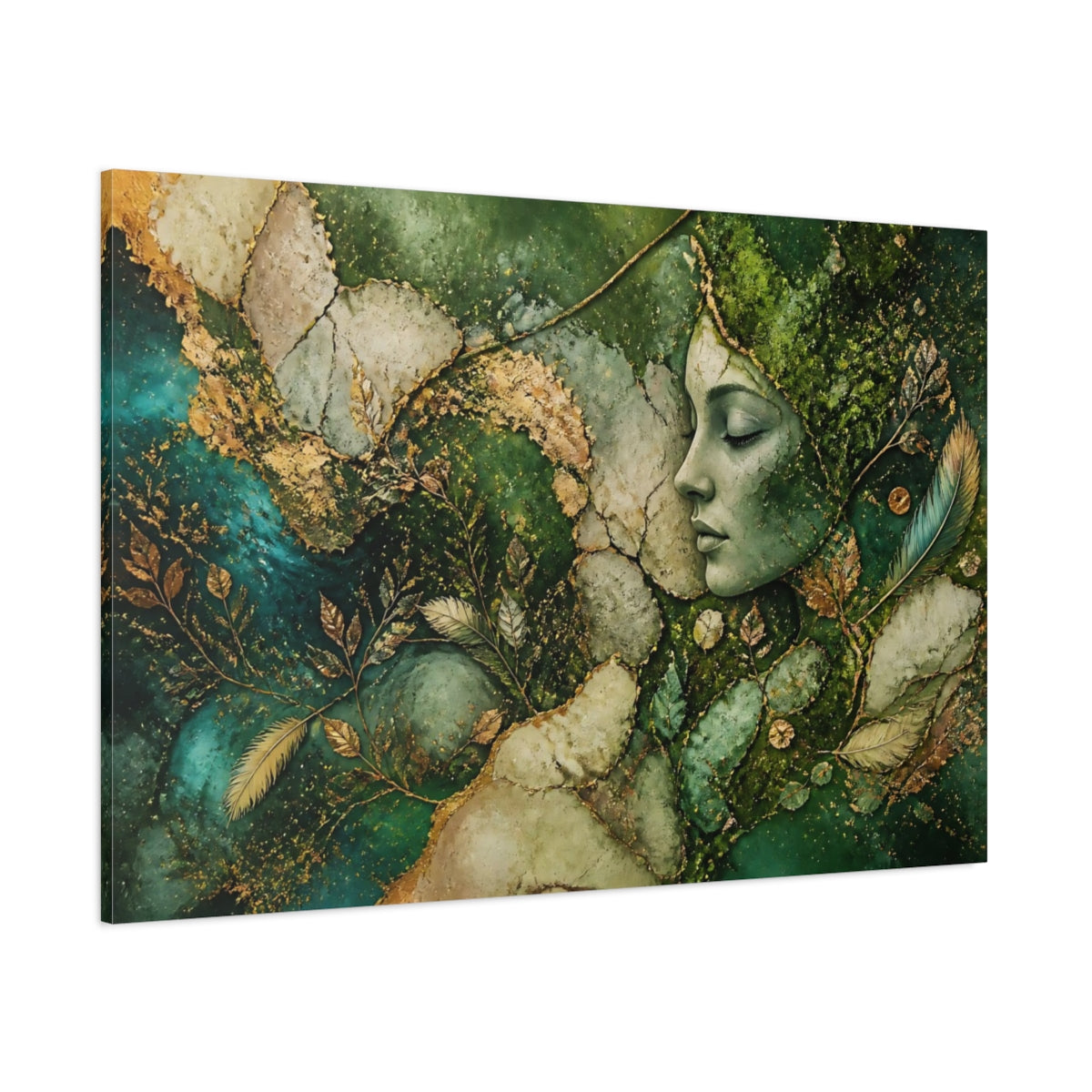 Side Mockup 1. Nature Nature Goddess Green And Gold Goddess shown as stretched canvas wall art