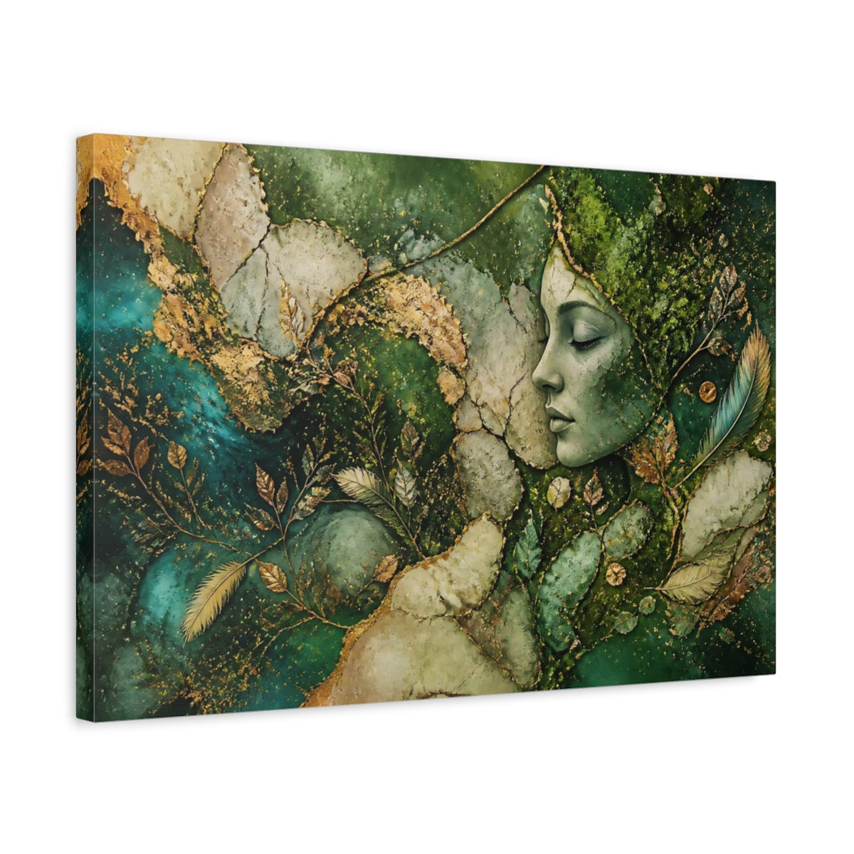 Side Mockup 3. Nature Nature Goddess Green And Gold Goddess shown as stretched canvas wall art