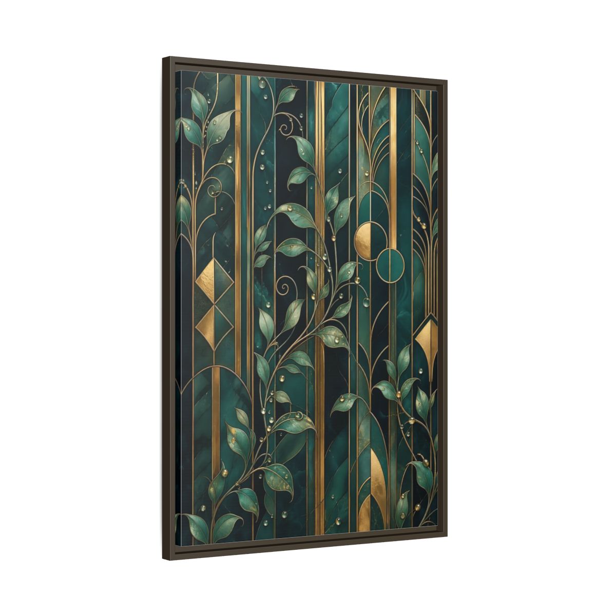 Main Mockup. Nature Golden Leaves Emerald Gold shown as stretched canvas wall art