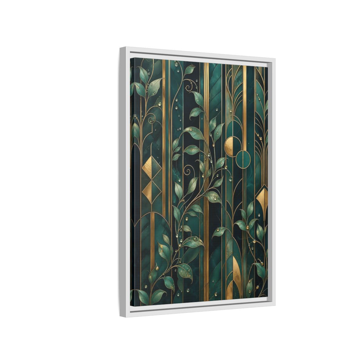 Side Mockup 1. Nature Golden Leaves Emerald Gold shown as stretched canvas wall art