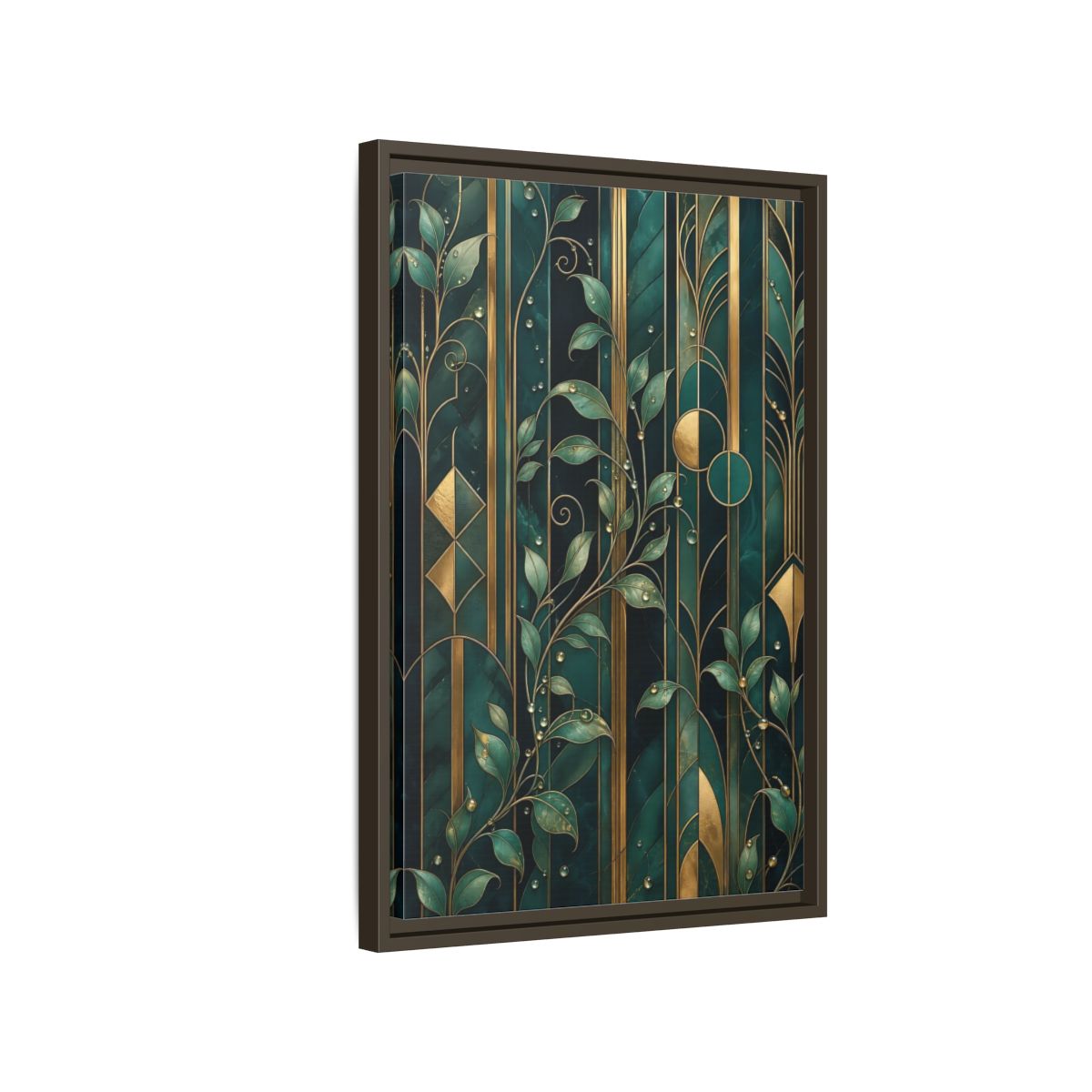 Side Mockup 2. Nature Golden Leaves Emerald Gold shown as stretched canvas wall art