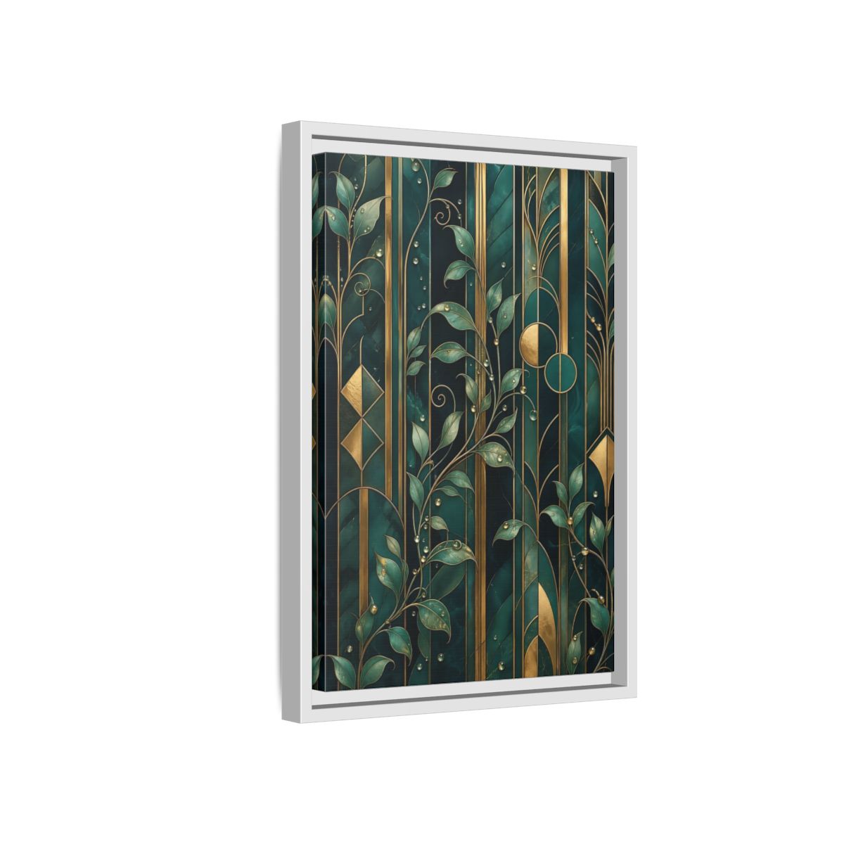 Side Mockup 4. Nature Golden Leaves Emerald Gold shown as stretched canvas wall art