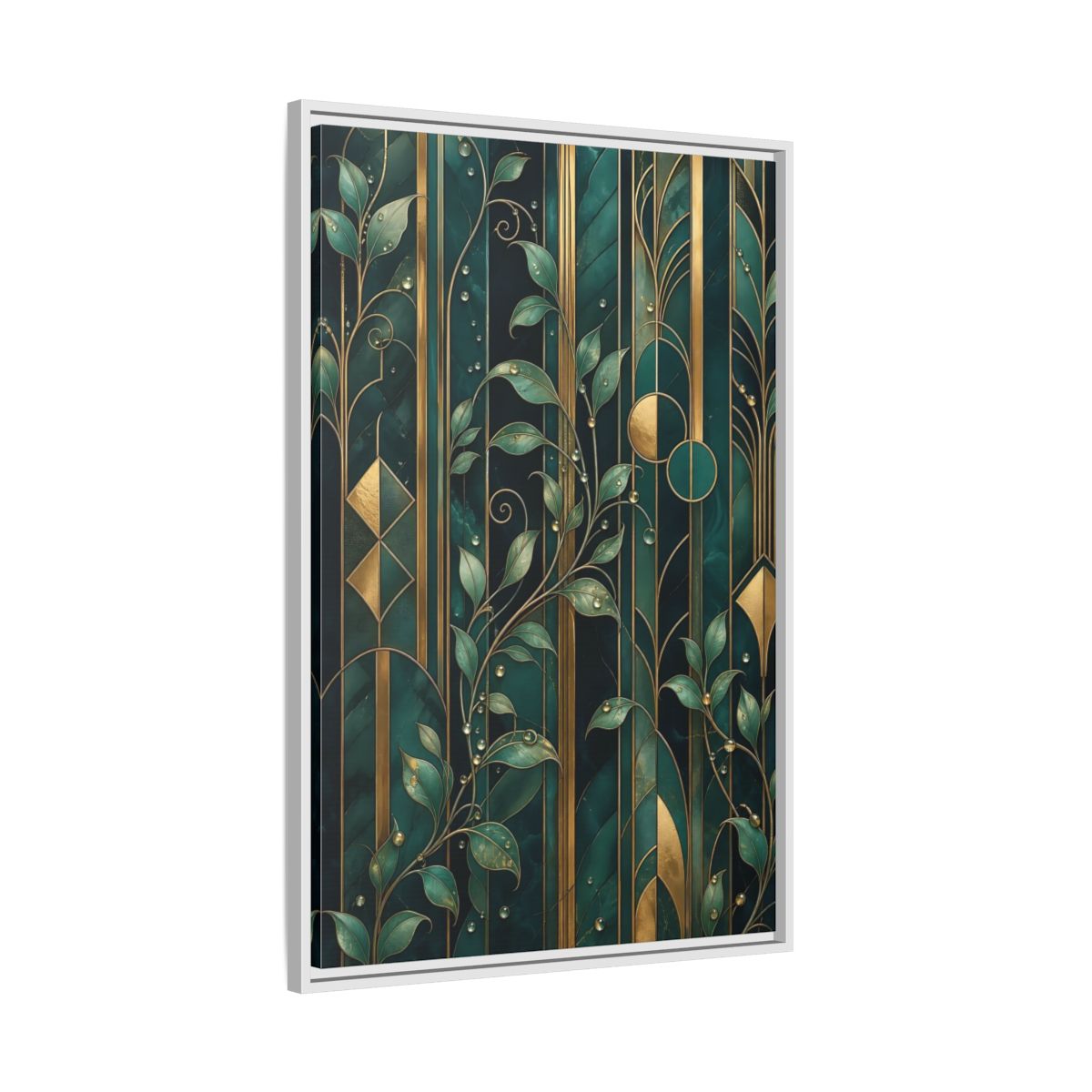 Side Mockup 9. Nature Golden Leaves Emerald Gold shown as stretched canvas wall art