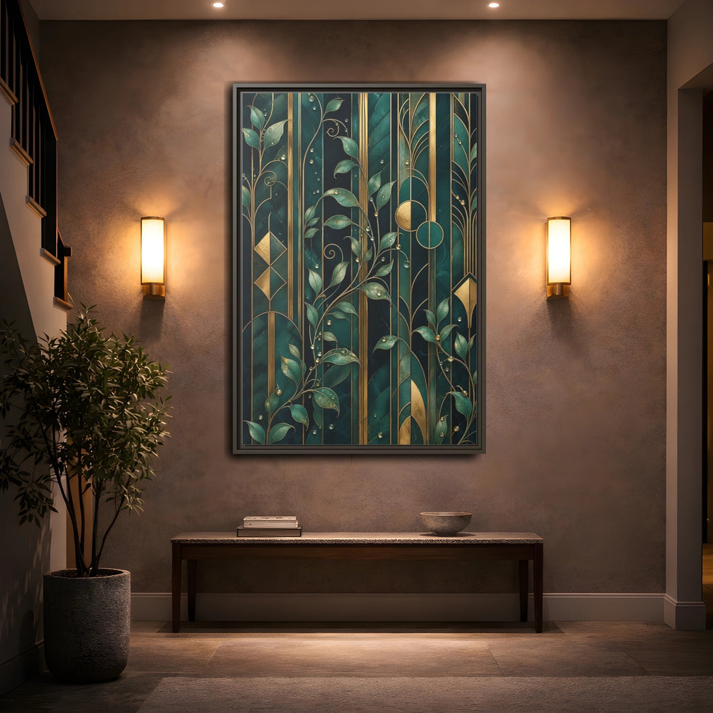 Mockup 2. Nature Golden Leaves Emerald Gold shown as stretched canvas wall art