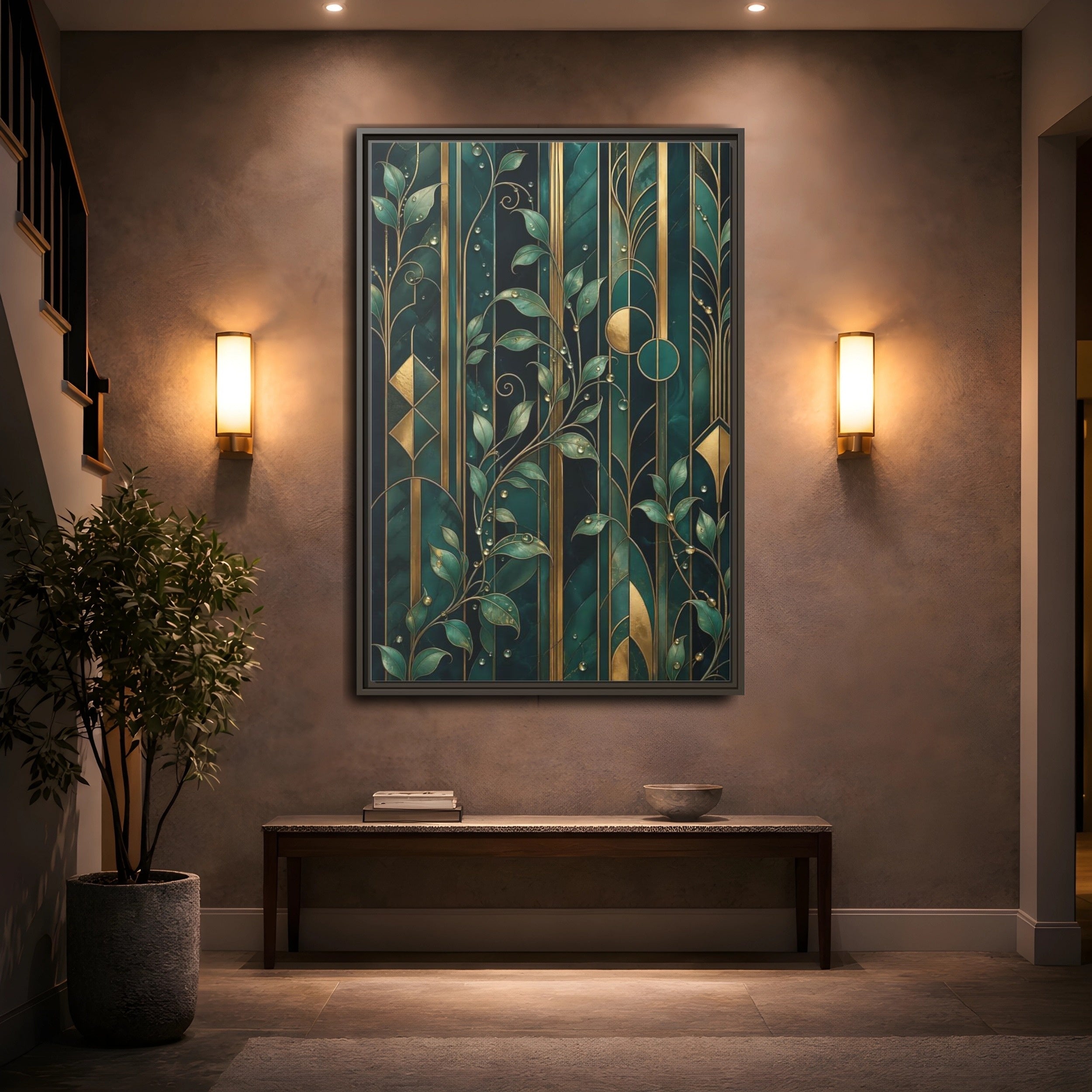 Mockup 2. Nature Golden Leaves Emerald Gold shown as stretched canvas wall art
