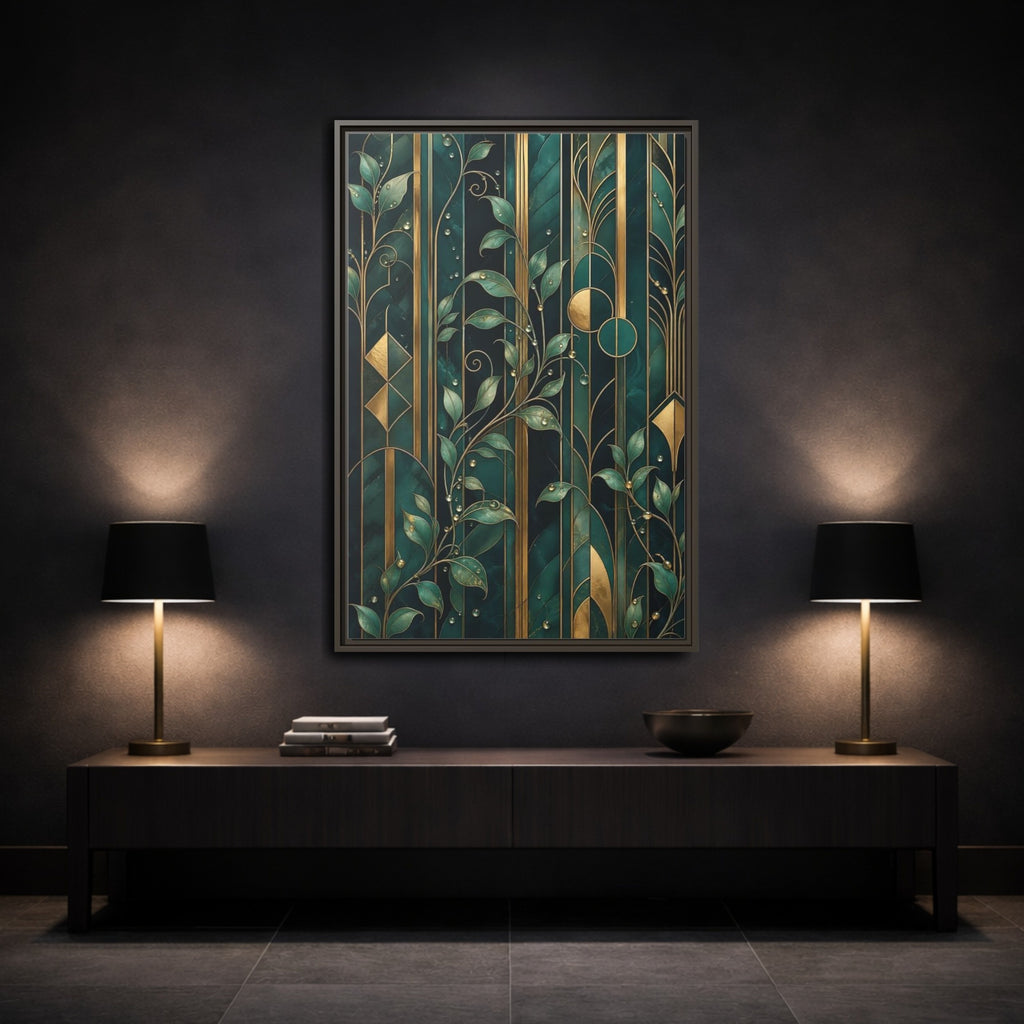 Mockup 3. Nature Golden Leaves Emerald Gold shown as stretched canvas wall art