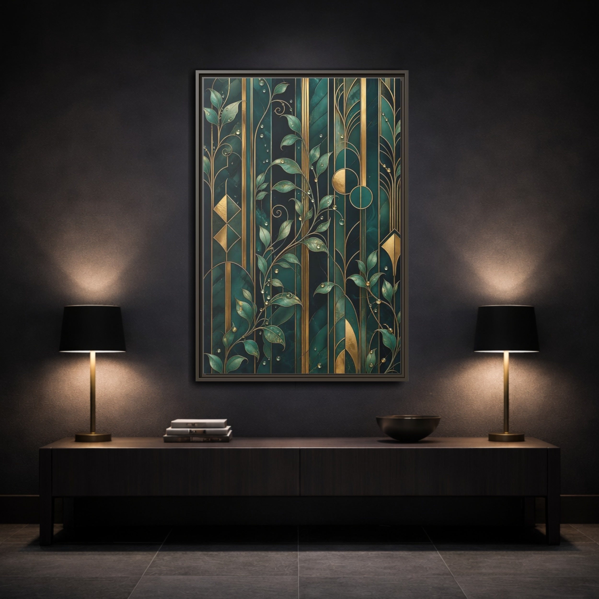 Mockup 3. Nature Golden Leaves Emerald Gold shown as stretched canvas wall art
